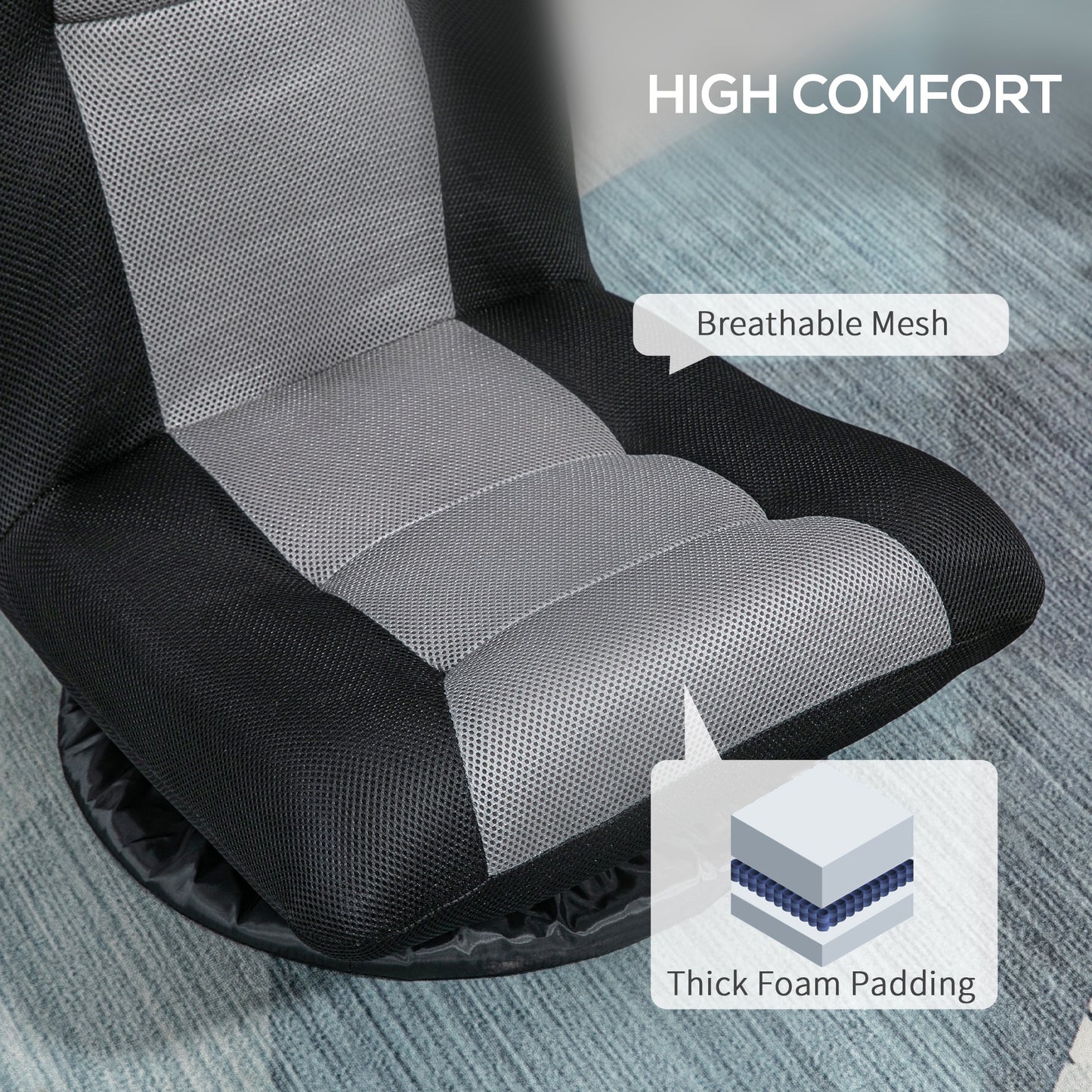 HOMCOM Folding Floor Chair for Adults Teens, 360 Degree Swivel Gaming Chair, 6 Positions Adjustable Lazy Sofa, Black