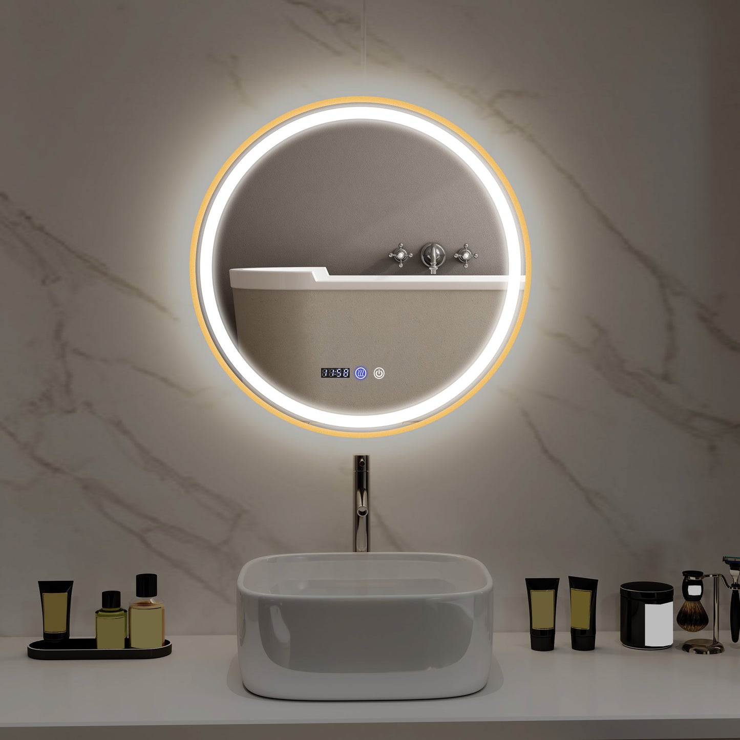 HOMCOM 24" Round Bathroom Mirror with LED Lights, Wall Mounted Vanity Mirror with Anti-Fog Pad, Time and Temp Display, Gold