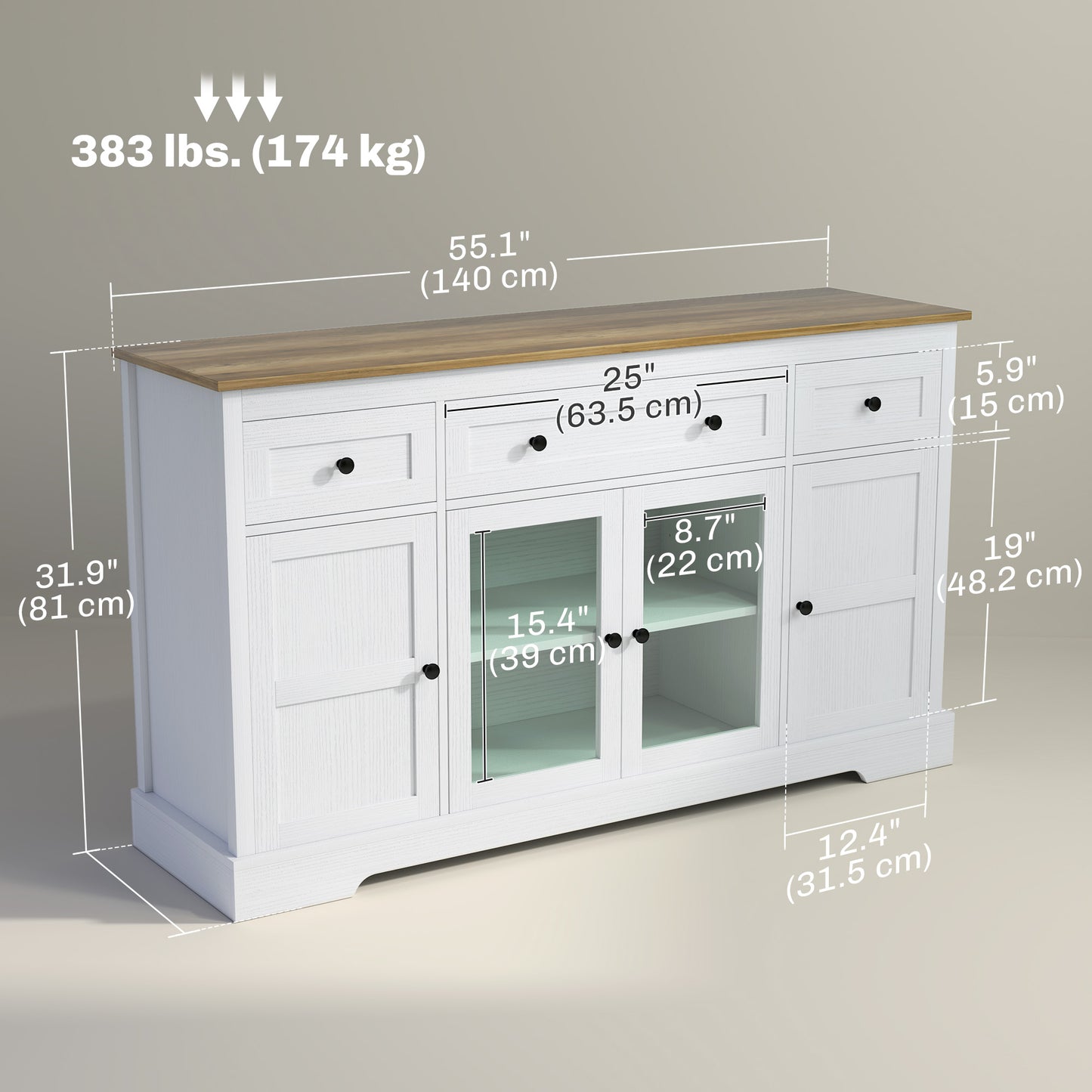 HOMCOM Sideboard Buffet Cabinet with Storage, Coffee Bar Cabinet with Glass Doors and Adjustable Shelves, Distressed White