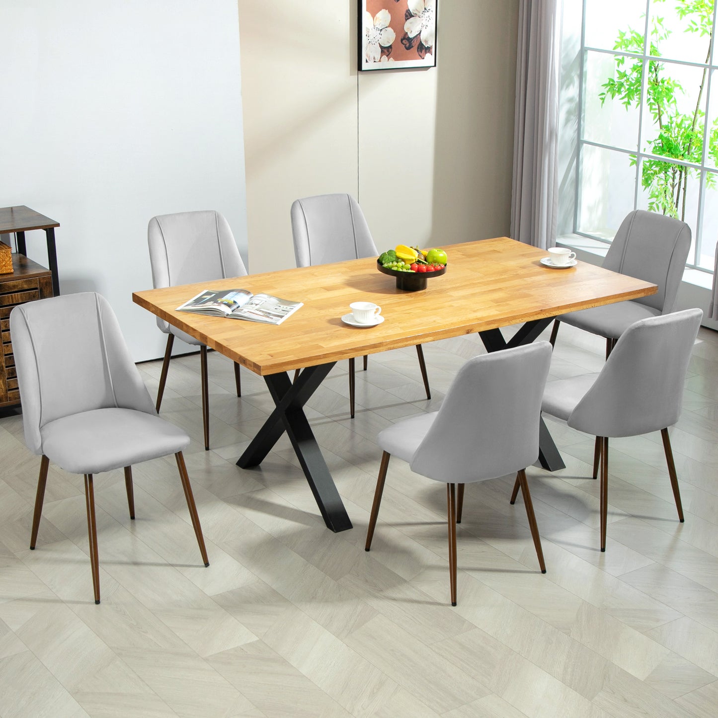 HOMCOM Upholstered Dining Chairs Set of 6, Velvet Accent Chair with Back and Wood-grain Steel Leg for Kitchen, Grey