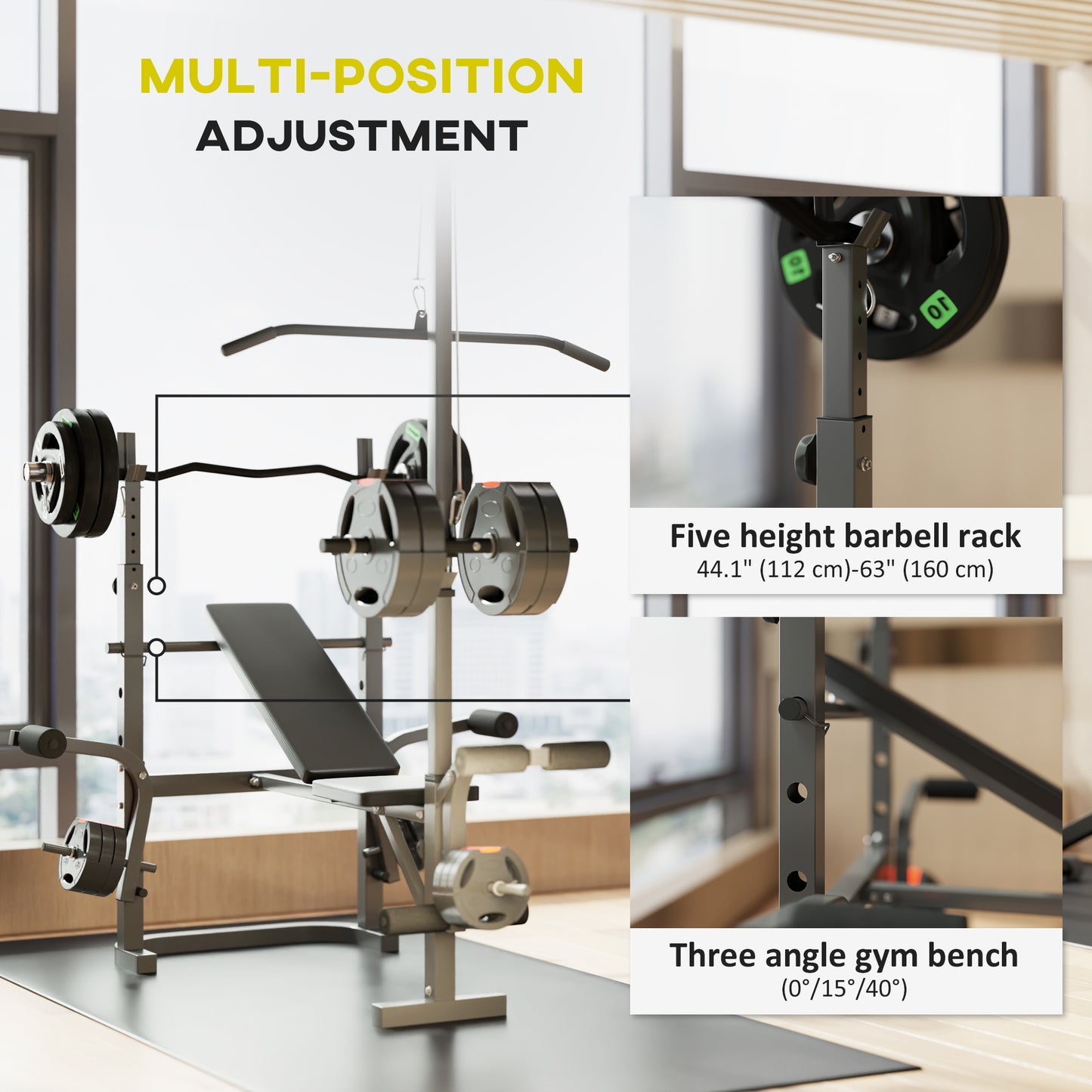 Adjustable Weight Bench with Press Rack, Preacher Curl & Lat Pull Down