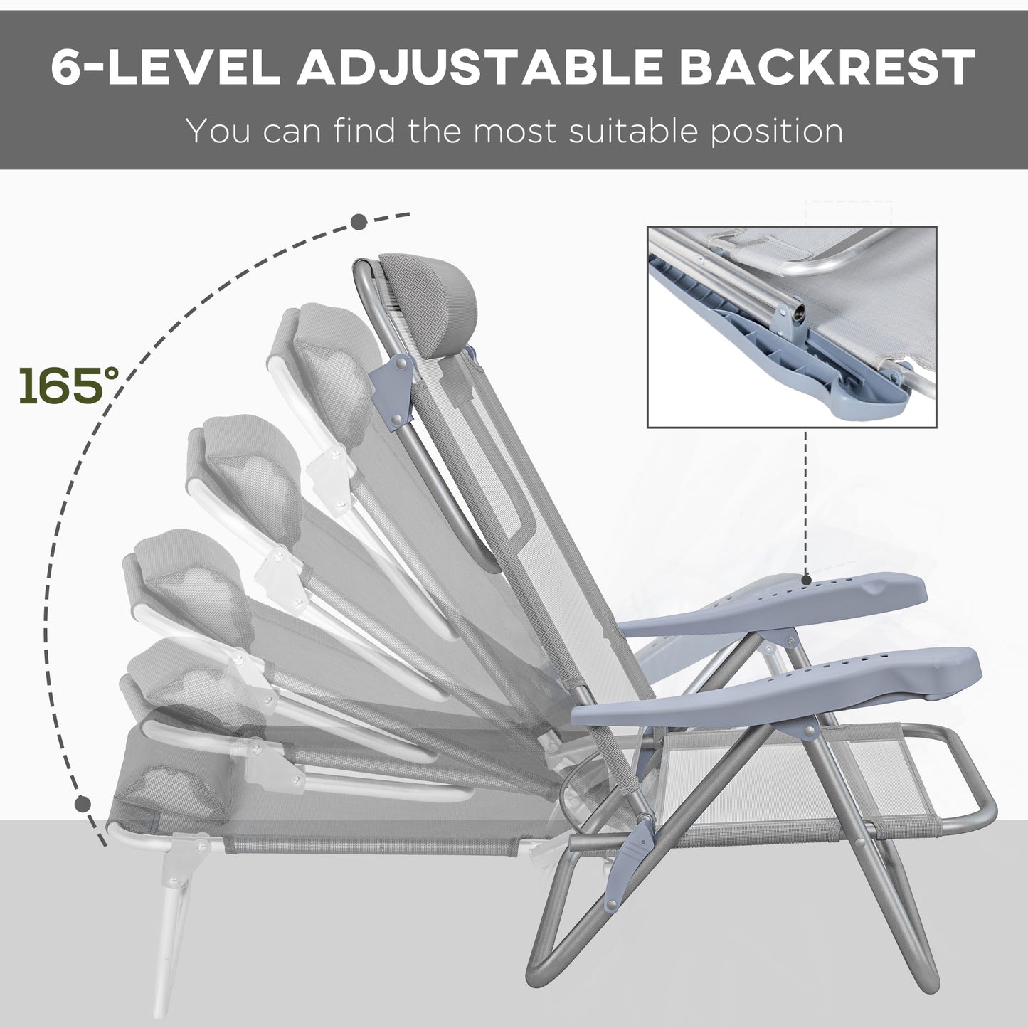 Outsunny Set of 2 Fishing Chairs, Camping Chairs with Adjustable Backrest and Headrest, Folding Chair for Outdoor, Light Grey