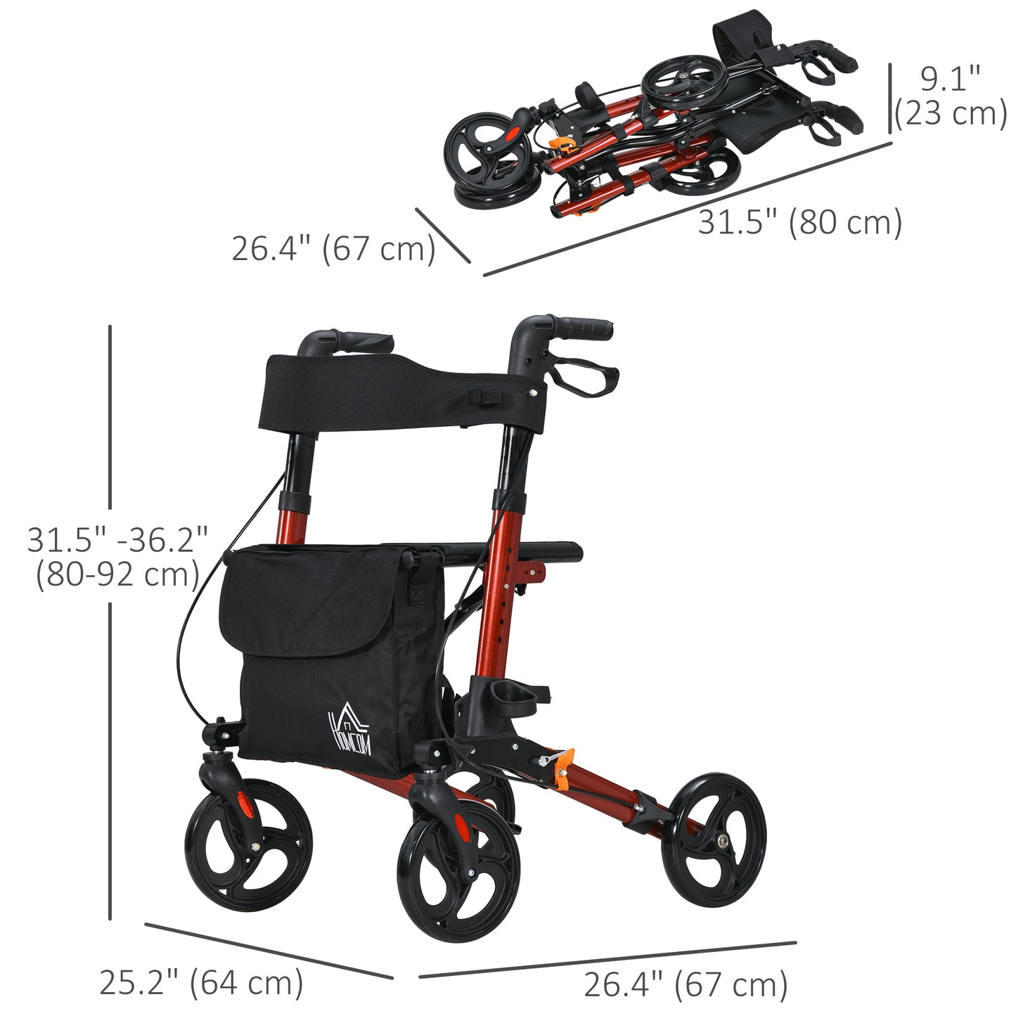 HOMCOM Rollator for Seniors with Seat, Back, Cane Holder, Aluminium Folding Rolling Walker with Adjustable Handle, Bag, Blue
