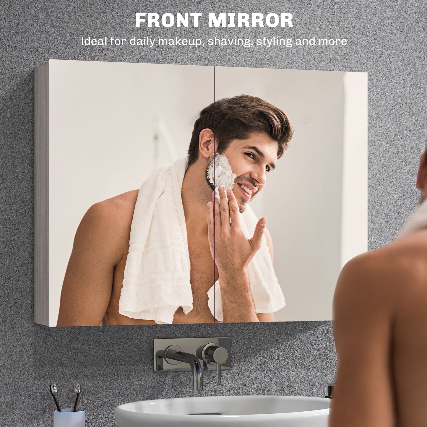 HOMCOM Bathroom Mirror Cabinet, Wall-Mounted Storage Organizer with Double Doors, Adjustable Shelf, Light Lilac