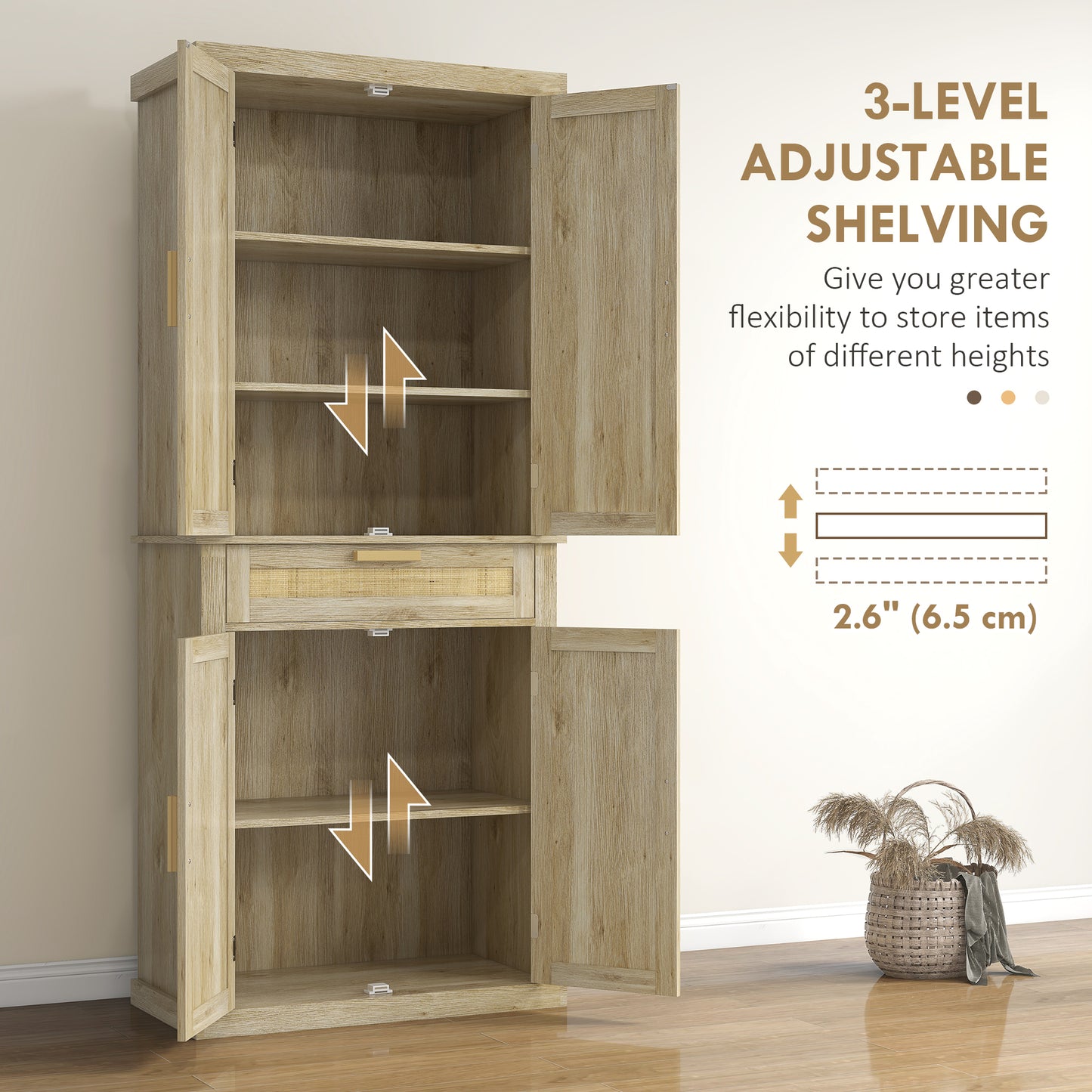 HOMCOM 72" Kitchen Storage Cabinet, Rattan Kitchen Pantry Cabinet with 4 Doors, Drawer, 5-Tier Shelf, Adjustable Shelves, Oak