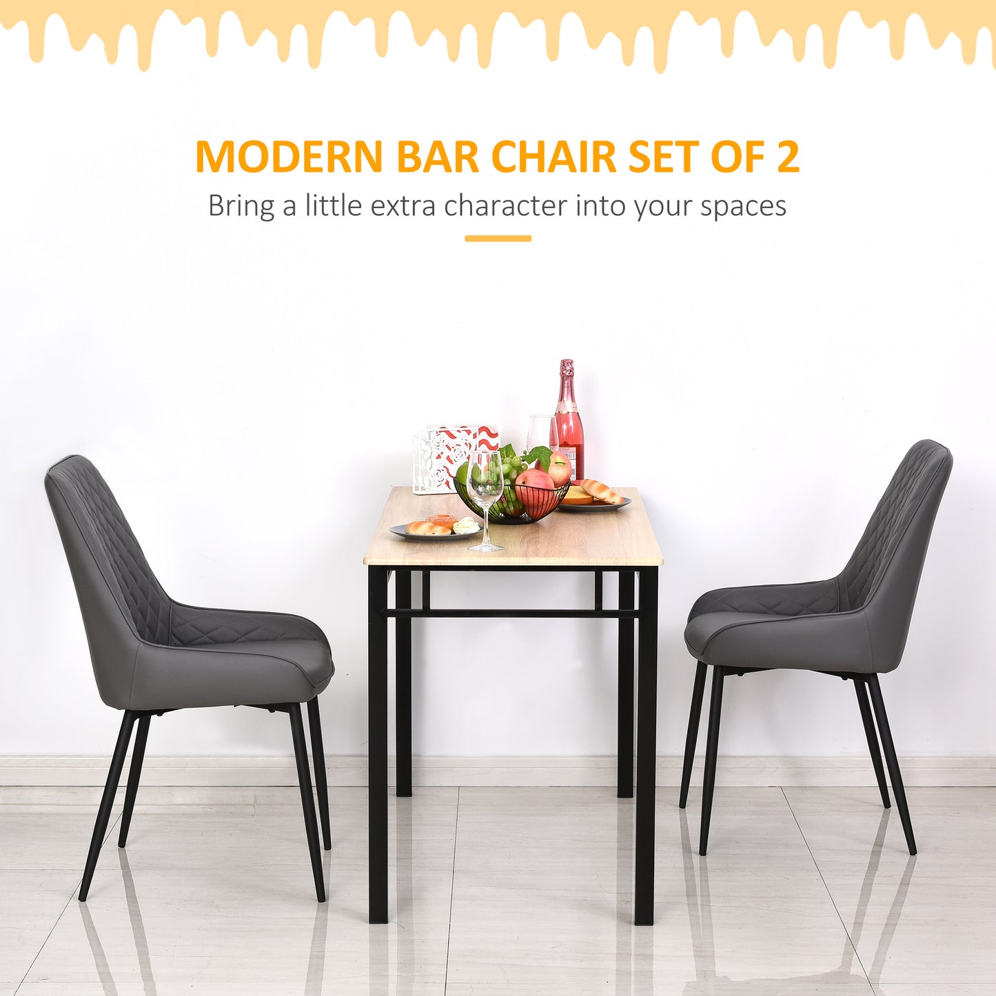 HOMCOM Upholstered Kitchen Chairs, Modern Dining Chairs Set of 2 with Diamond Tufting and Steel Legs for Dining Room, Black