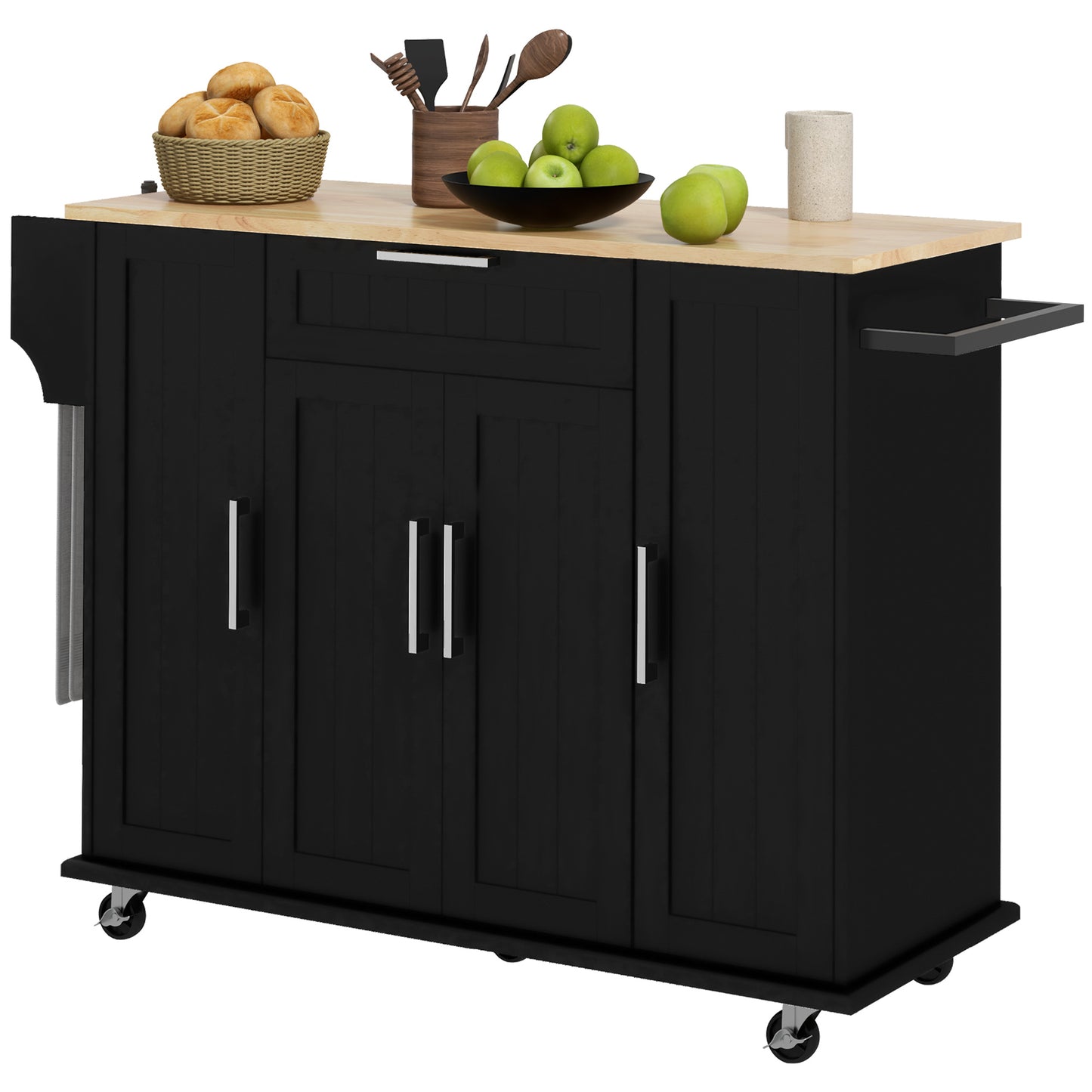HOMCOM Modern Rolling Kitchen Island Cart with Drawers, Natural Wood Top, Towel Rack, Door Storage Cabinet, White