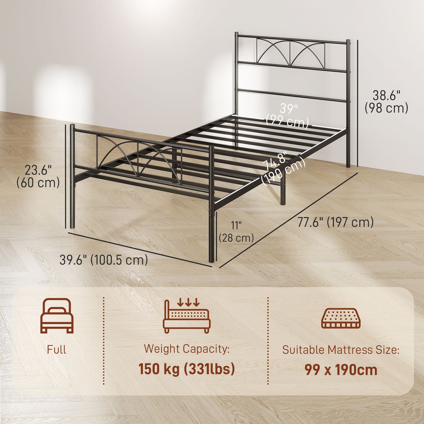 HOMCOM Metal Full Platform Bed Frame with Headboard, Steel Slat Support, Underbed Storage, No Box Spring Needed, Easy Assembly
