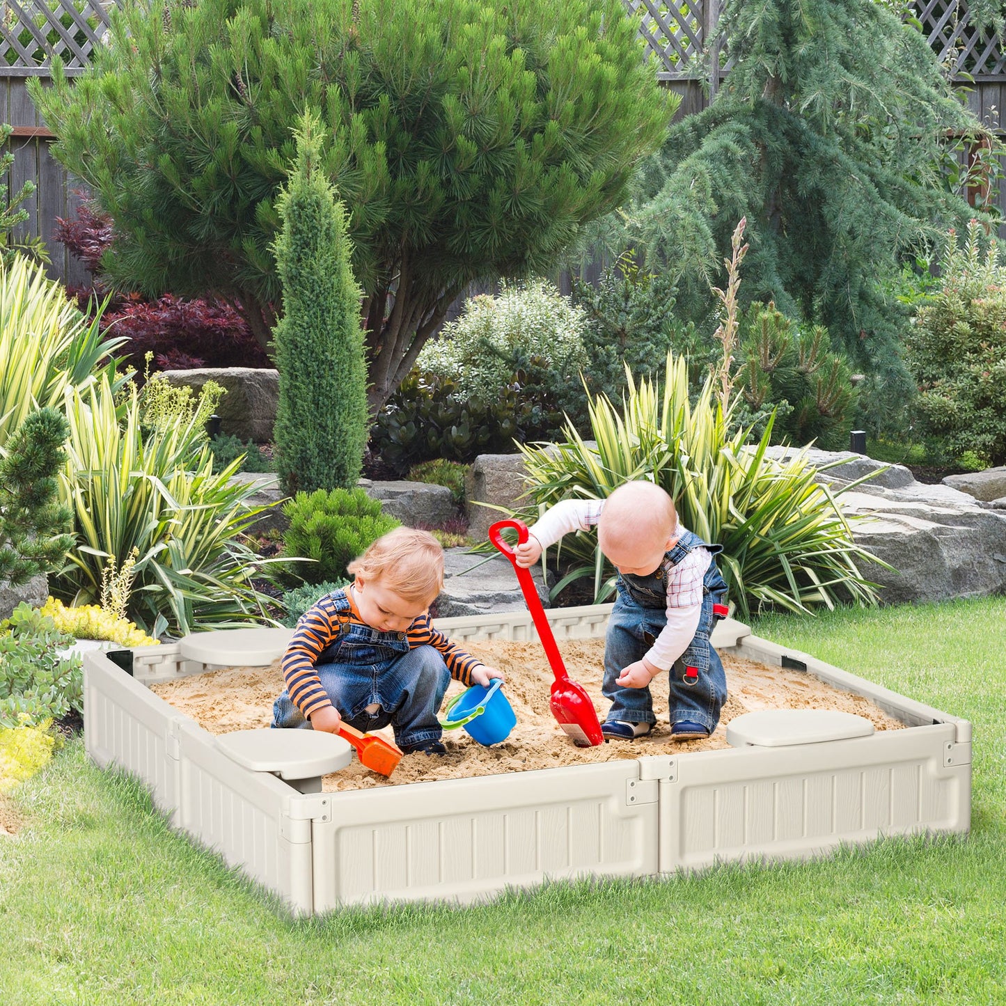 Outsunny Kids Outdoor Sandbox with Canopy, Bottom Fabric Liner, Brown