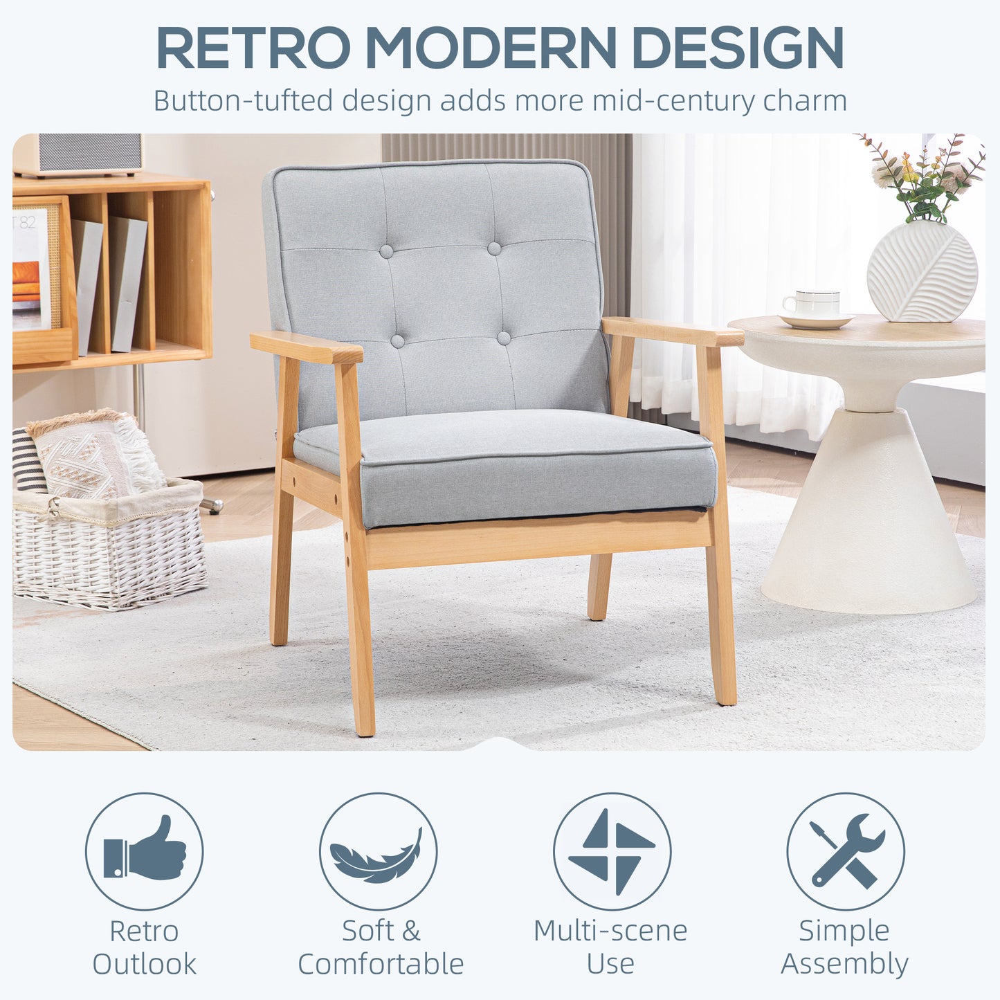 HOMCOM Mid-Century Accent Chair Modern Fabric Upholstered Tufted Back Lounge Sofa Seat - Grey