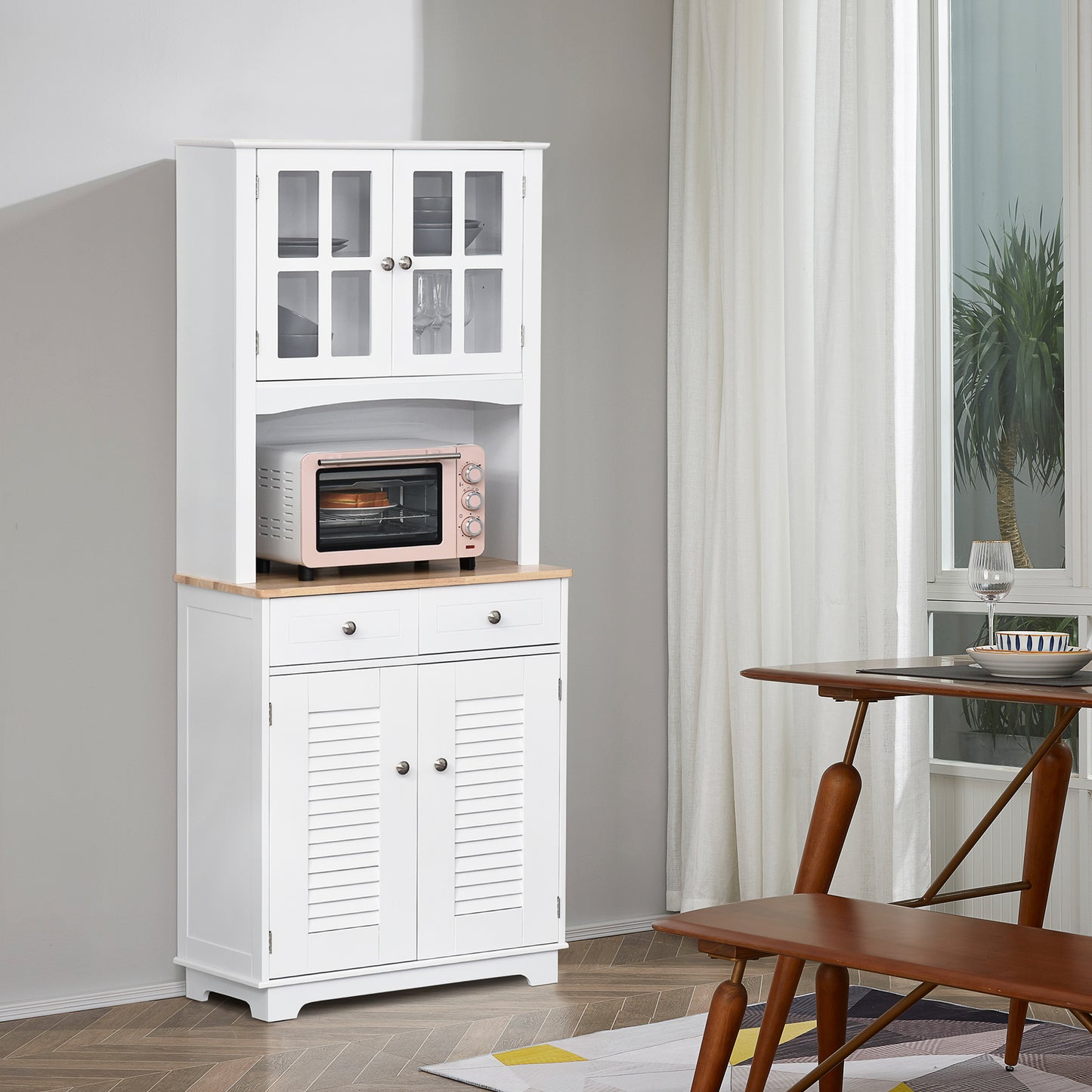 HOMCOM Coastal Style Kitchen Buffet and Hutch Wooden Storage Cupboard with Framed Glass Door LouveredCabinet Drawers Microwave Space for Dining Room Living Room White