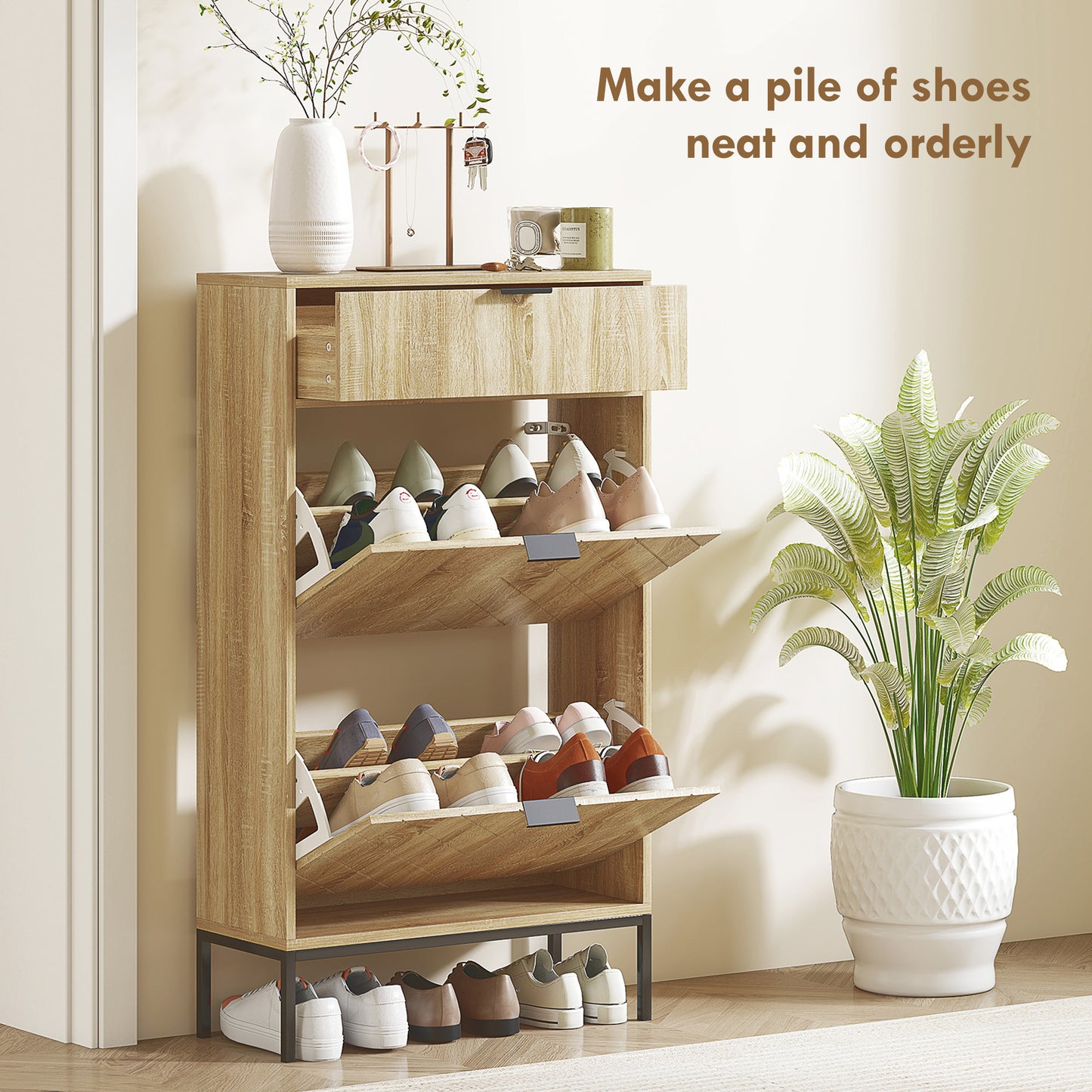 HOMCOM Narrow Shoe Storage Cabinet with Flip Drawers, Shoe Cabinet with Adjustable Shelves, Sliding Drawer, Holds 8 Pairs, Oak