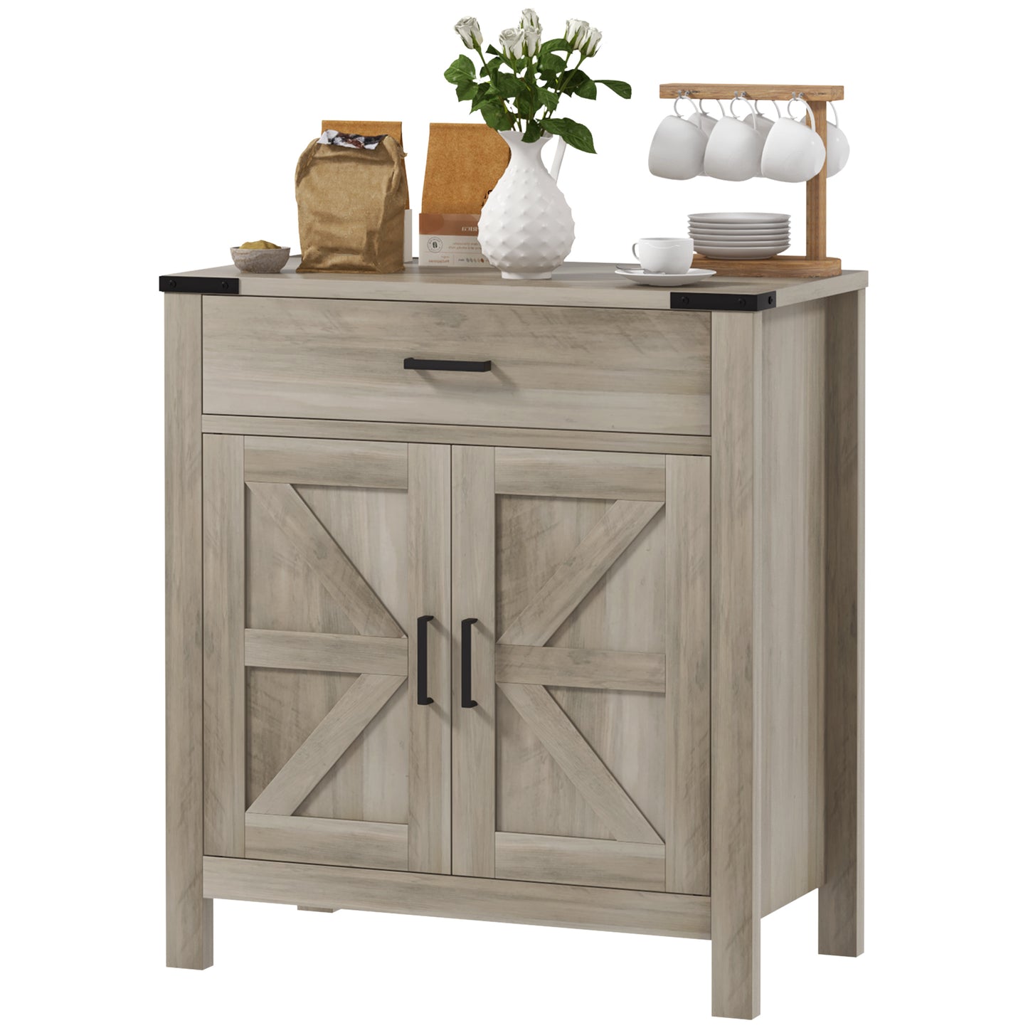 HOMCOM Farmhouse Buffet Cabinet Sideboard with 1 Drawer, 1 Storage Cabinet and Adjustable Shelf, White