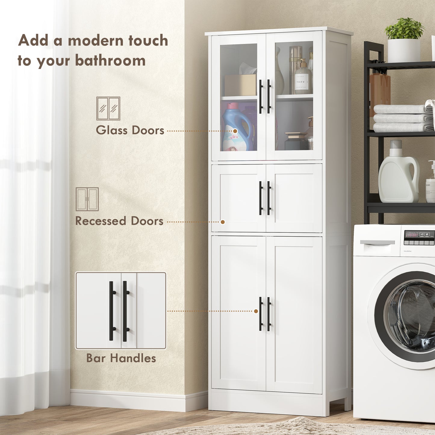HOMCOM 67" Tall Bathroom Storage Cabinet, Modern Freestanding Bathroom Cabinet with Glass Doors and Adjustable Shelves, White