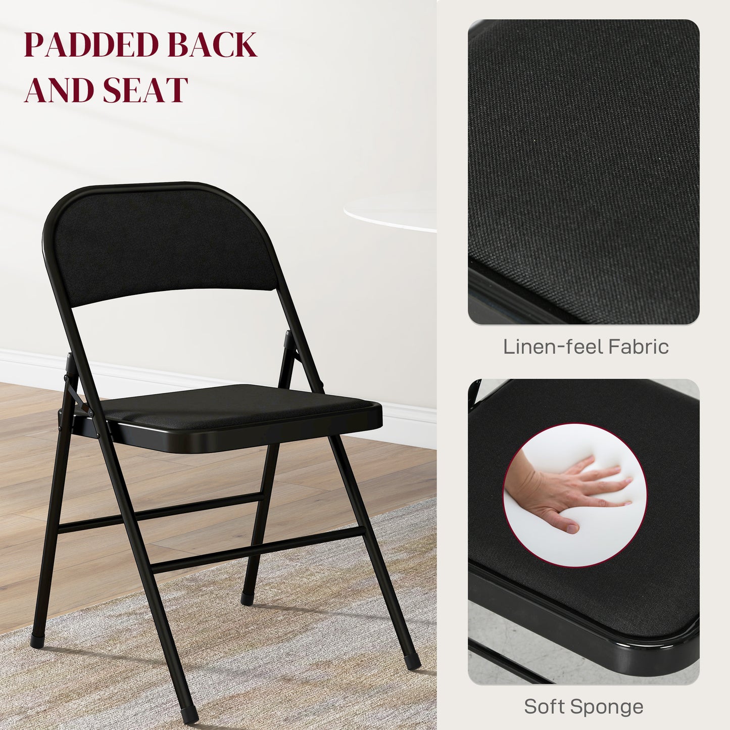 HOMCOM Set of 6 Metal Foldable Chairs, Linen Padded Folding Chairs with Cushion Seat and Open Back for Indoor, Black