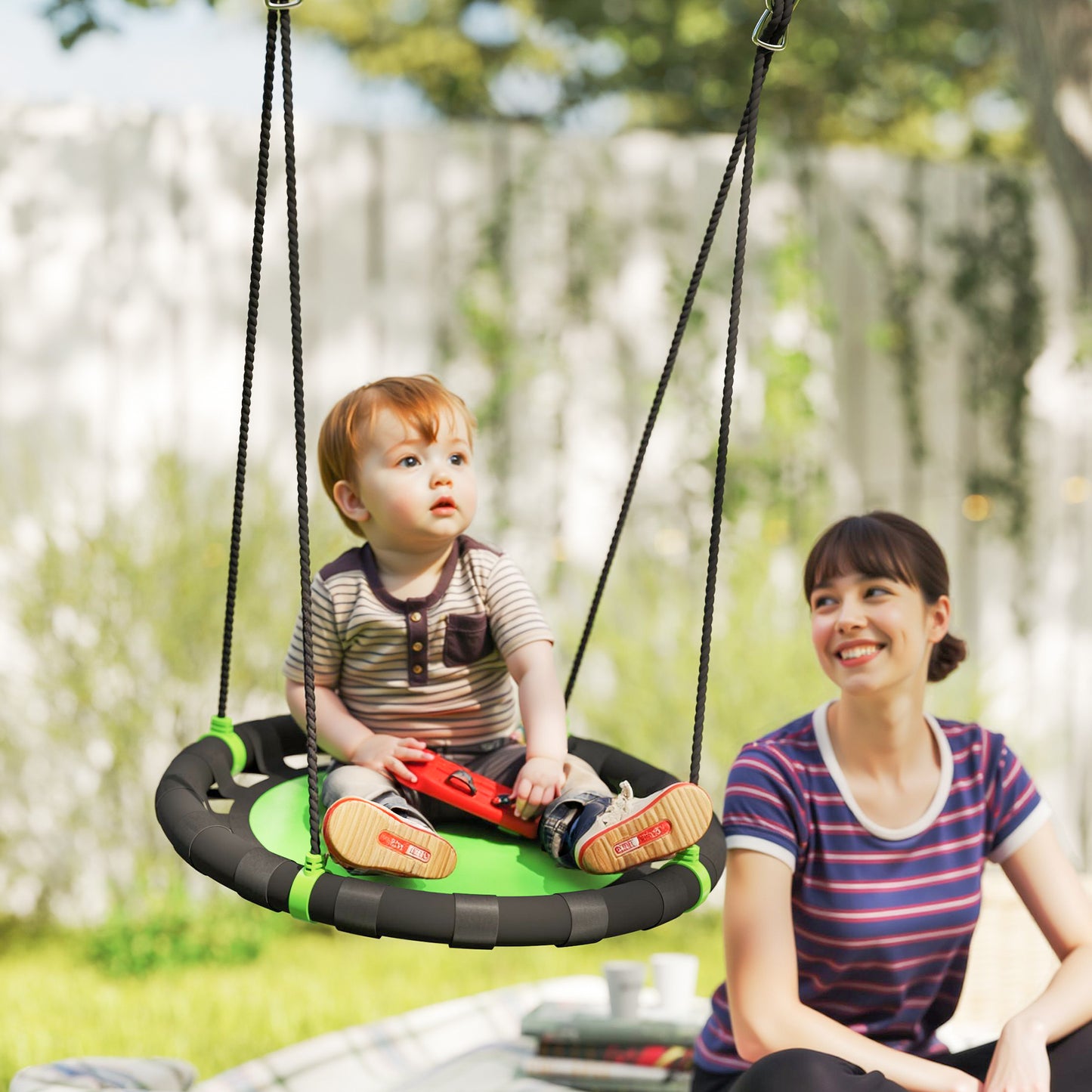 Qaba 39 inch Saucer Tree Swing Set for Kids with Adjustable Hanging Ropes for Outdoor, Backyard, Green