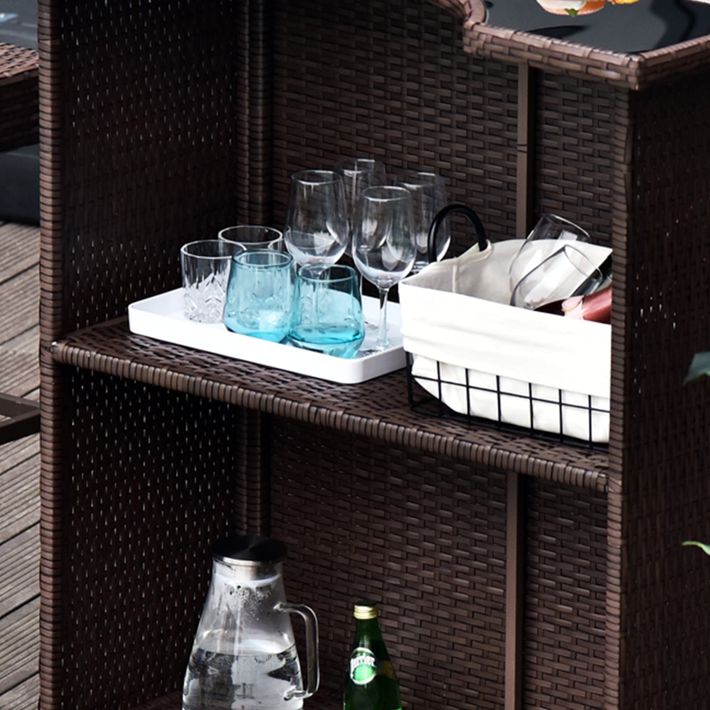 Outsunny 5 Pieces Patio Bar Set, Outdoor PE Rattan Wicker High Top Outdoor Table and Chairs Outdoor Bar Set with Tempered Glass Top Bar Table and Shelves, 4 Bar Chairs, Dark Brown