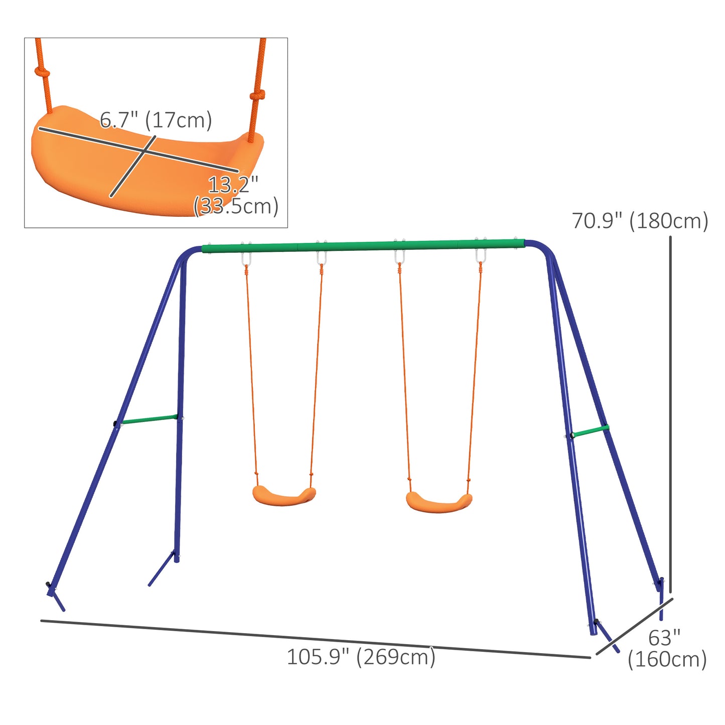 Outsunny Kids Swing Set Outdoor Metal Swing Frame with Double Swing Seats for 1-2 Children Aged 3-8 Years Old