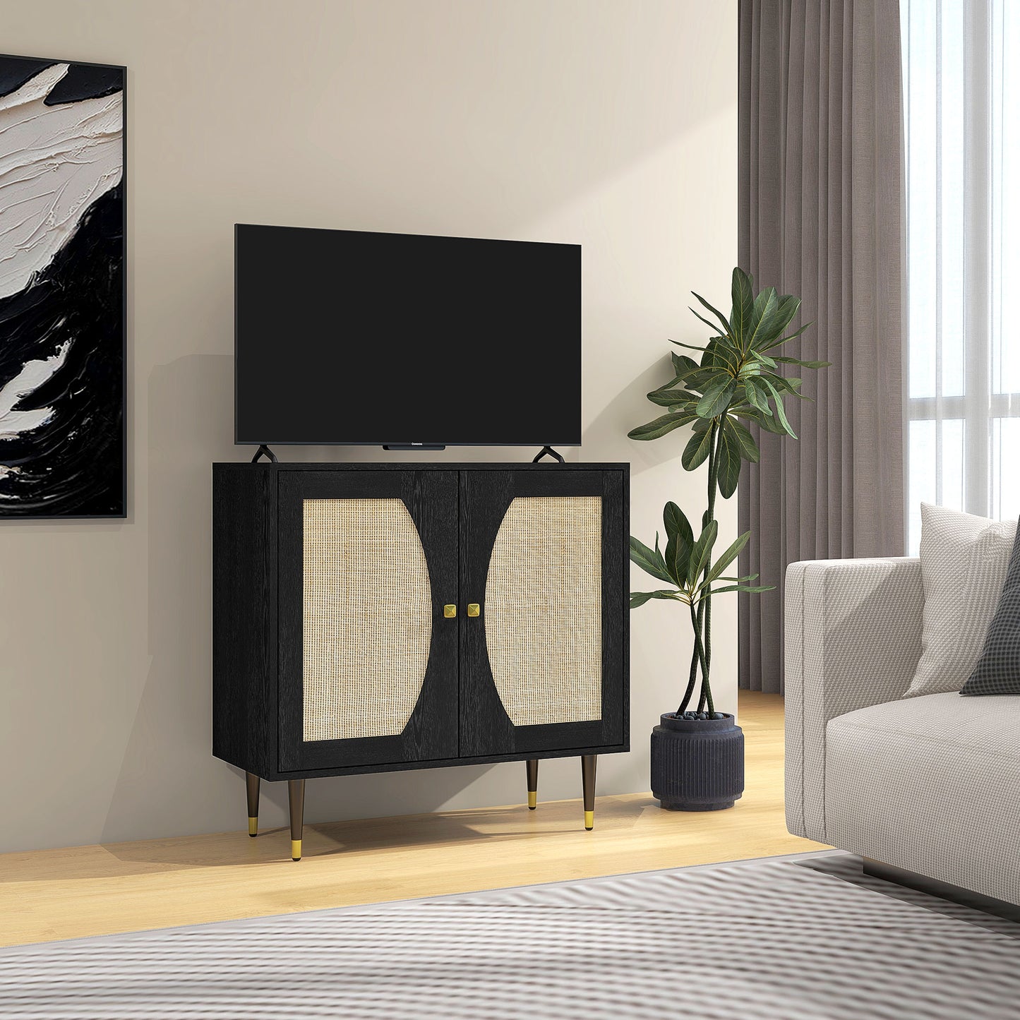 HOMCOM Boho Buffet Cabinet with Adjustable Shelf and Rattan Decorated Doors, TV Cabinet for TV up to 42 Inches, Black