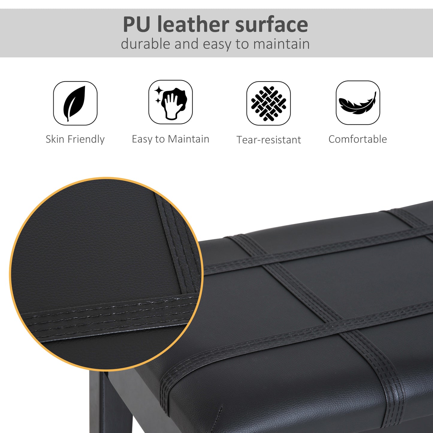 HOMCOM Classic Piano Bench Stool, PU Leather Padded Keyboard Seat with Rubber Wood Legs and Music Storage Compartment, Banded Seat, Black