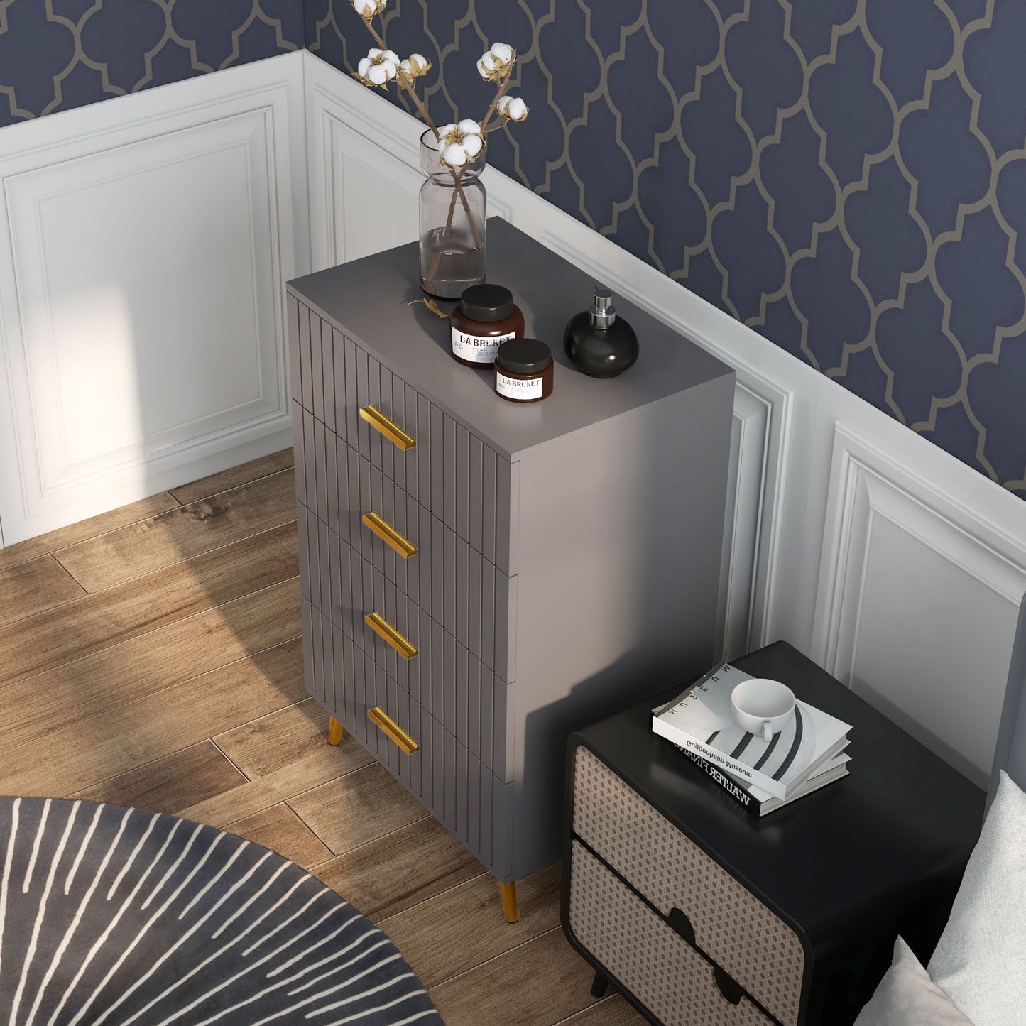 HOMCOM 3 Drawer Cabinet, Drawer Chest for Bedroom, Chest of Drawers with Aluminium Legs and Gold Handles, Dark Grey