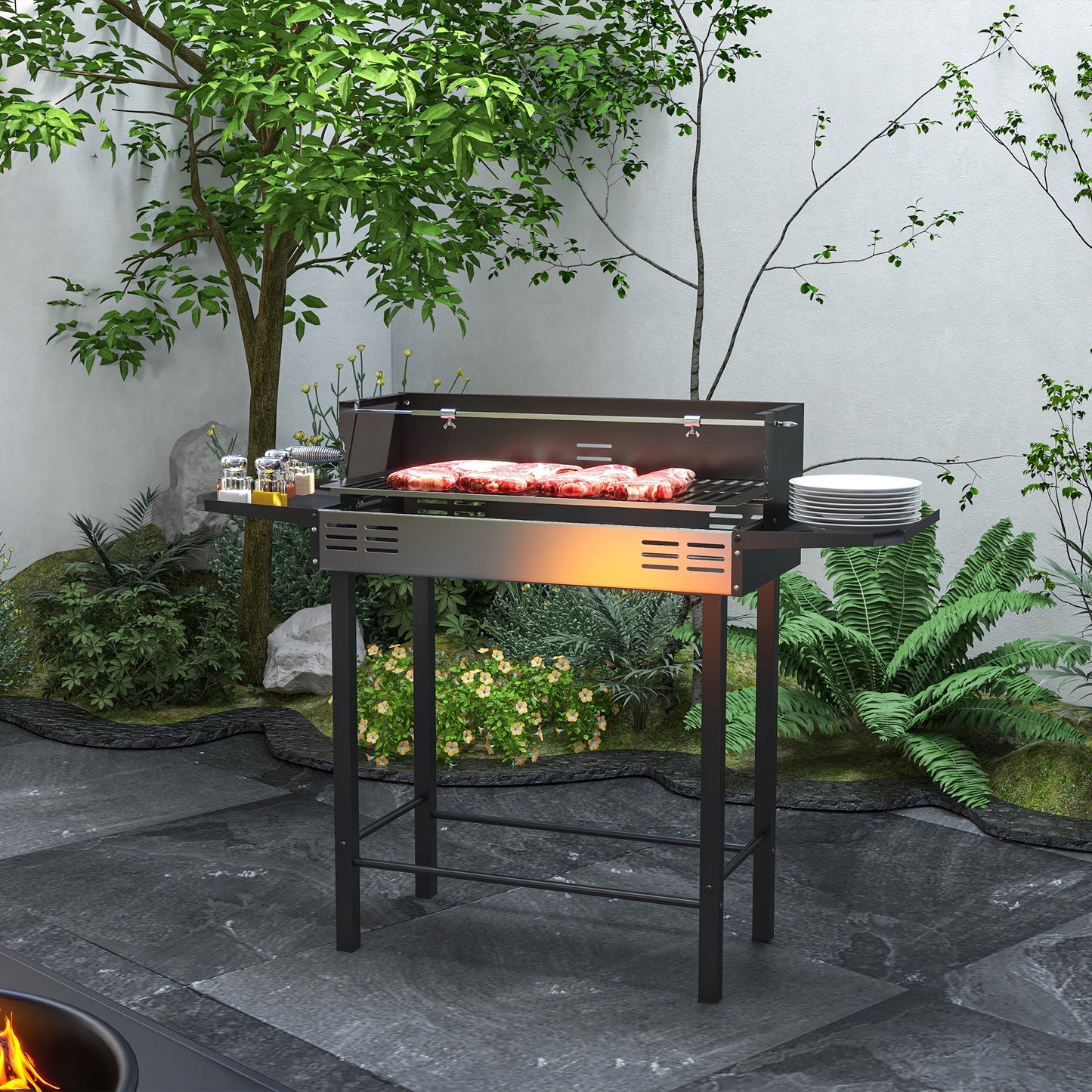 Outsunny BBQ Rotisserie Grill Charcoal, Split Roaster for Chicken Turkey, 3-Level Grill Grate, Storage Shelves, Stainless Steel