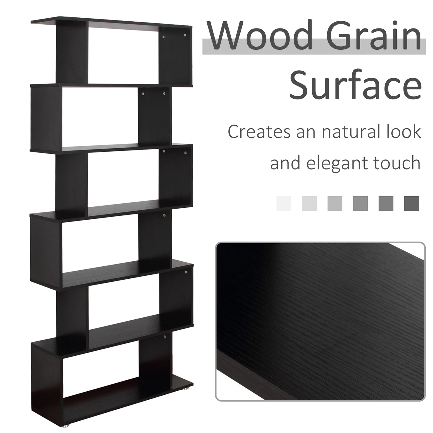HOMCOM Wooden S Shape Bookcase 6 Shelves Storage Display Home Office Furniture