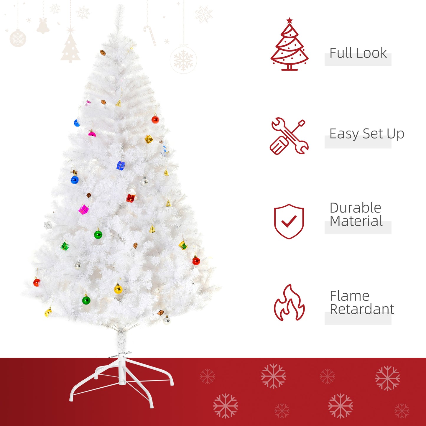 HOMCOM 5.9ft Artificial Christmas Tree Xmas Holidays Décor with Ornament White