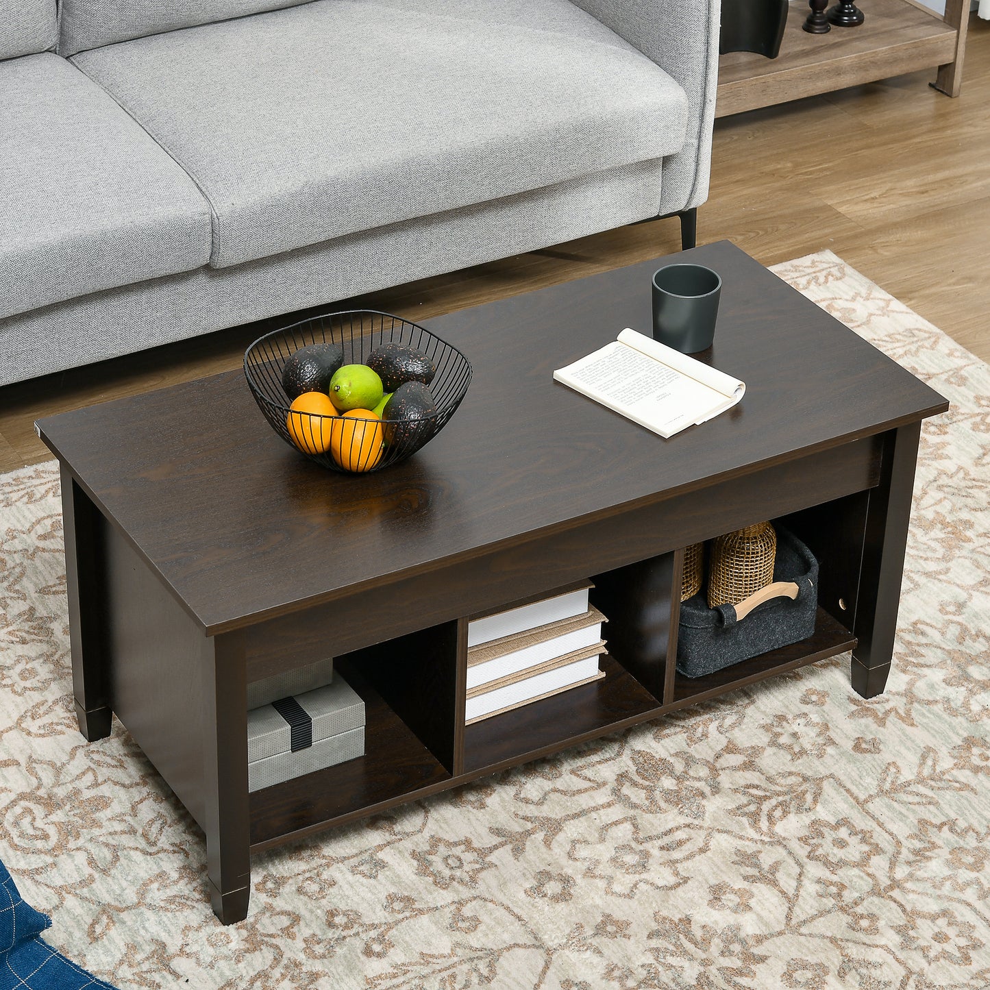 HOMCOM Lift Top Coffee Table with Hidden Storage Compartment and 3 Lower Shelves, Pop-Up Center Table for Living Room, Espresso
