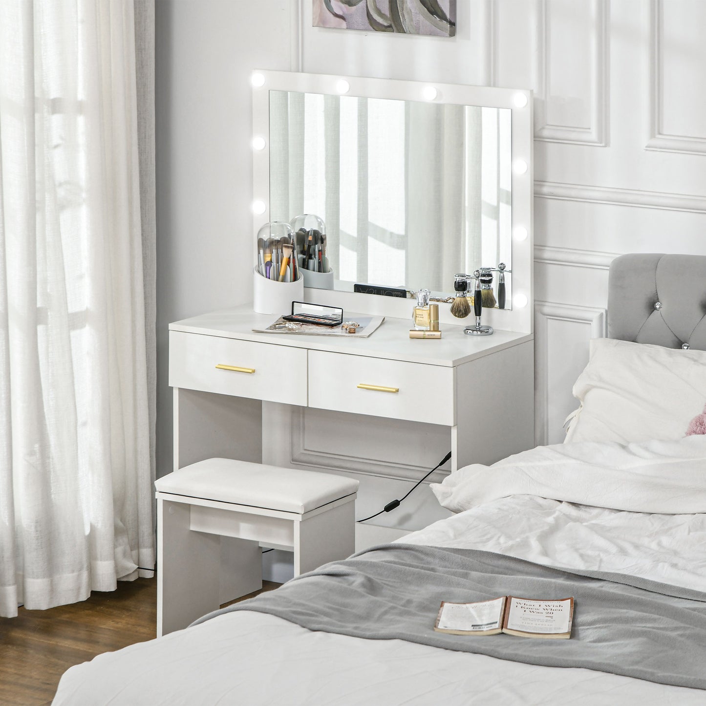 HOMCOM Makeup Vanity Desk Set with Stool, Dressing Table with LED Lighting Mirror, Drawers, for Bedroom, White