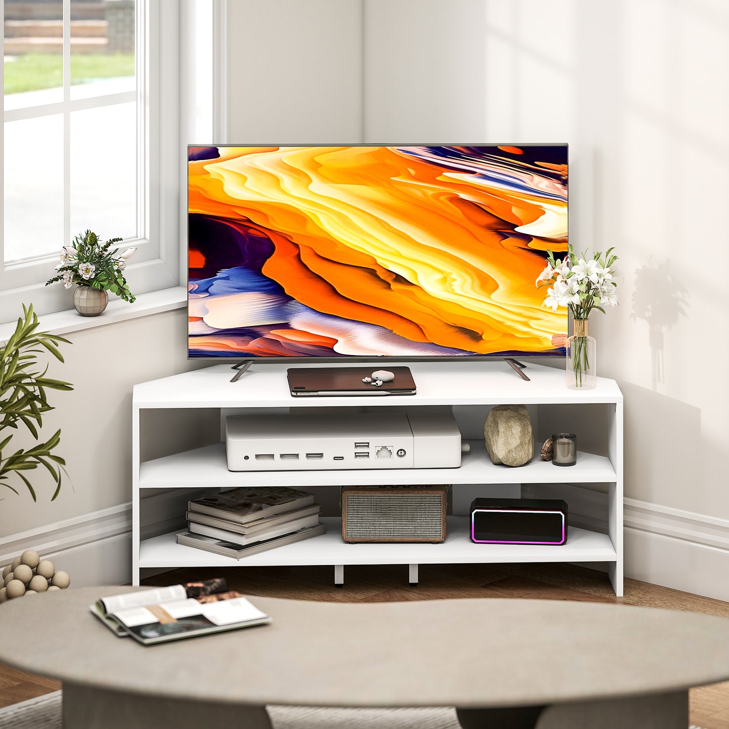 HOMCOM Corner TV Stand, Modern TV Table with 2 Open Shelves for 47 Inch TV, Entertainment Center for Living Room, White