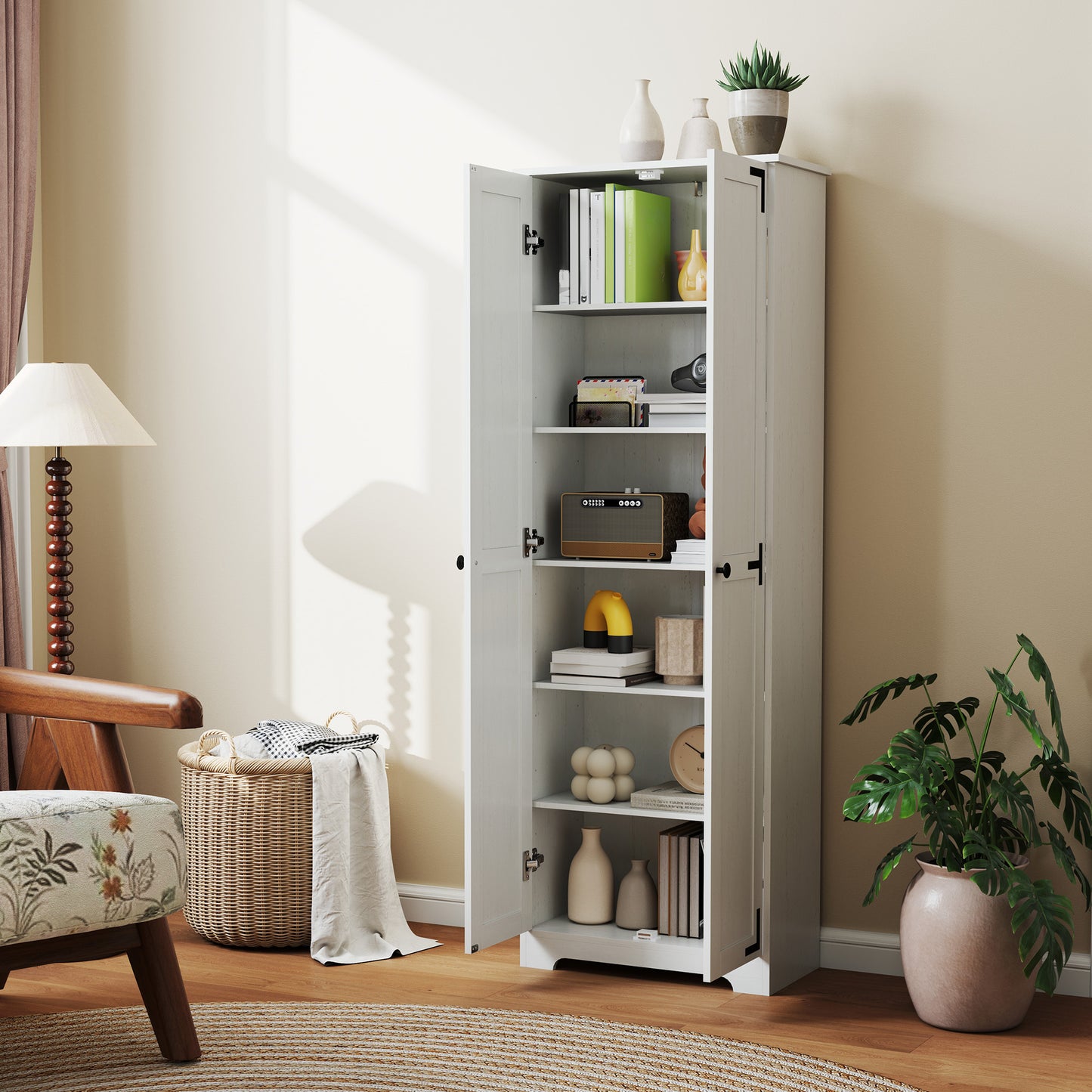 HOMCOM 67" Farmhouse Pantry Cabinet with 2 Doors, Tall Storage Cabinet with Adjustable Shelves, Distressed White