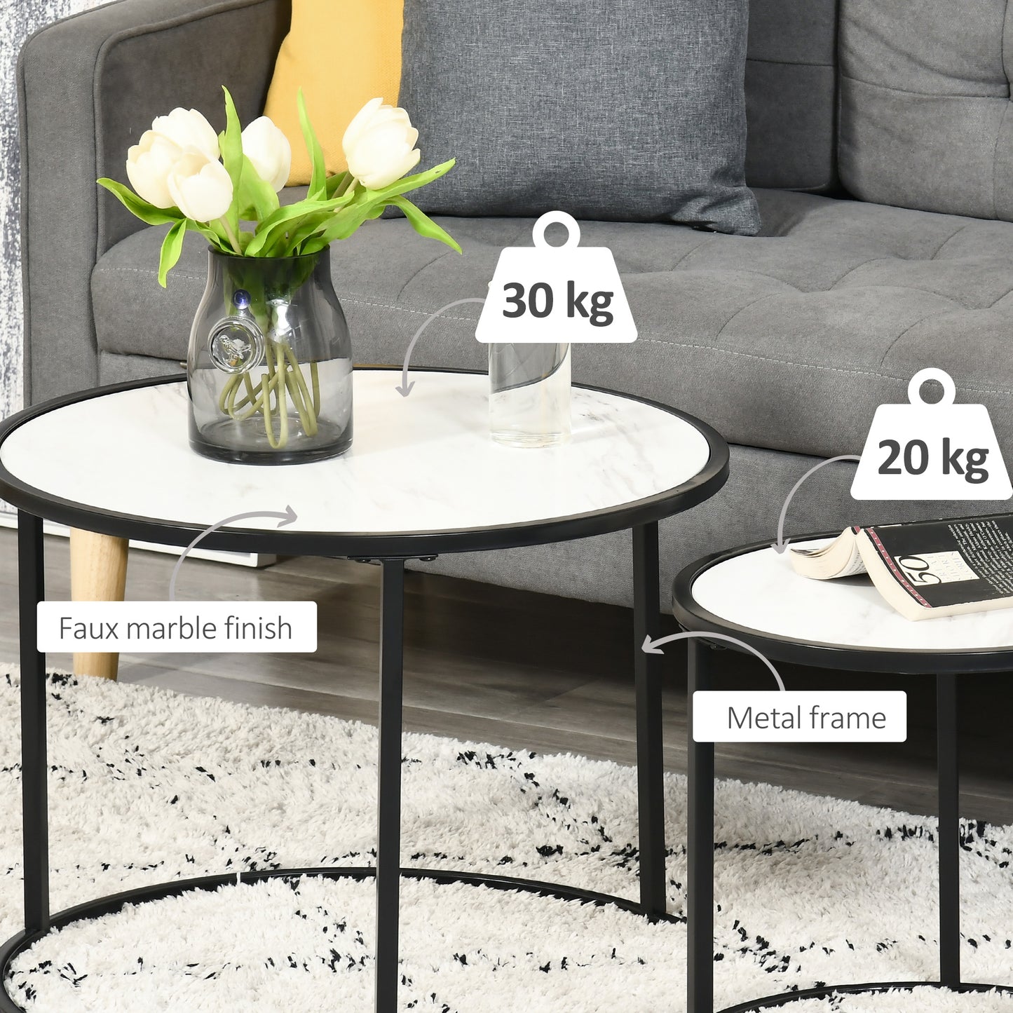 HOMCOM Round Nesting Coffee Table Set of 2, Stacking Modern Accent Tables with Faux Marble Tabletop and Metal Frame for Living Room, Black