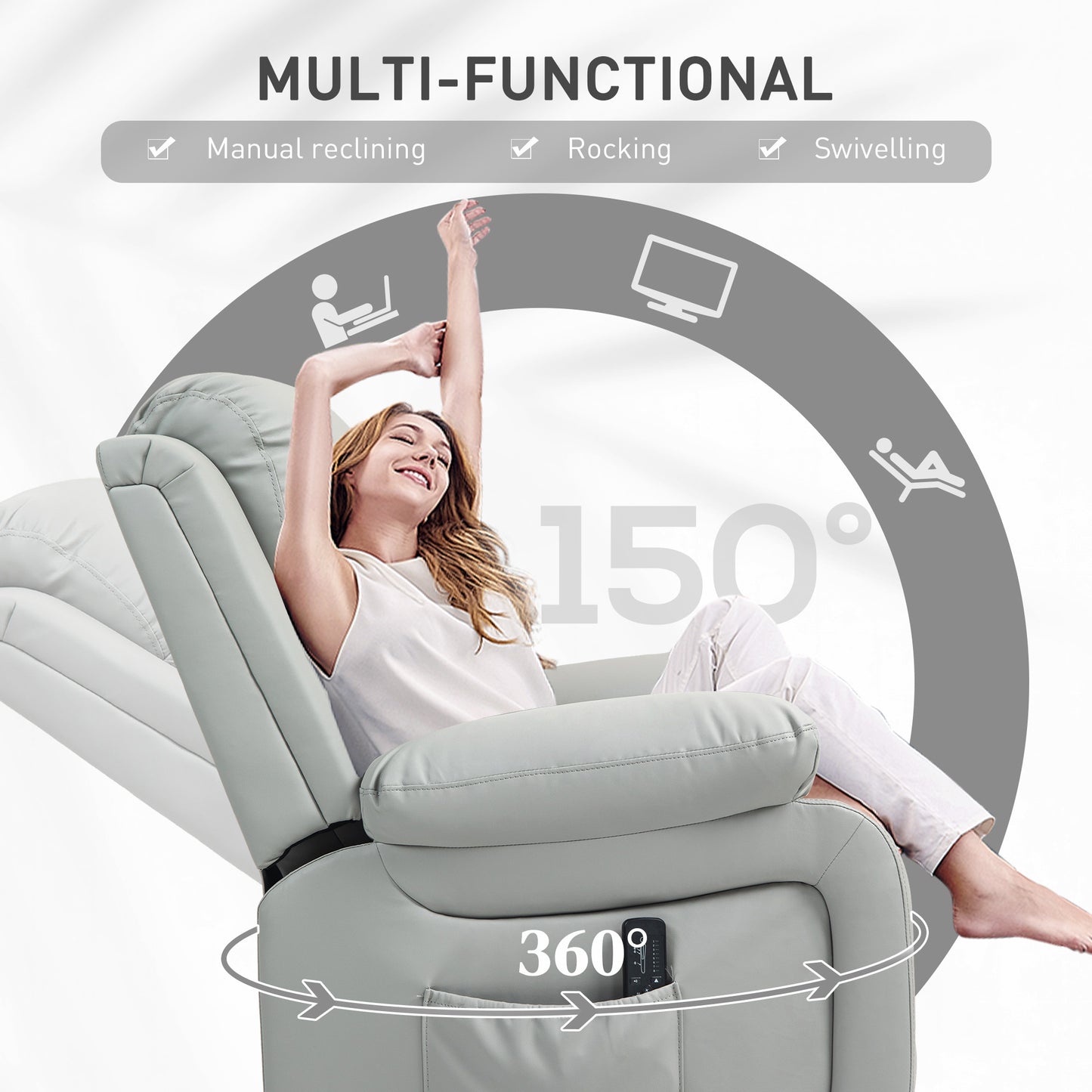 HOMCOM PU Leather Reclining Chair with Vibration Massage Recliner, Swivel Base, Rocking Function, Remote Control, Black