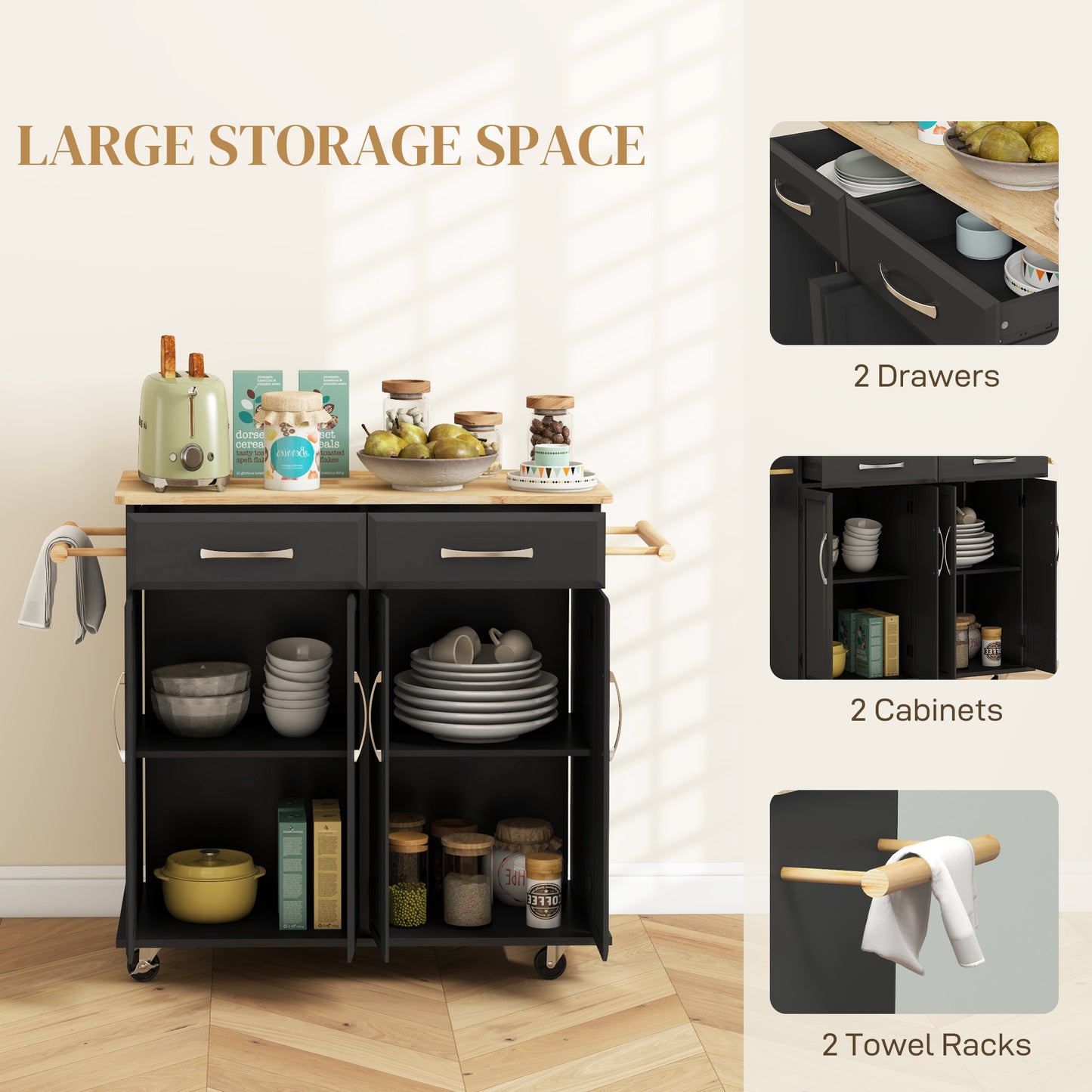 HOMCOM Kitchen Island on Wheels with Rubberwood Top, Rolling Kitchen Cart with 2 Drawers, 4 Doors and Adjustable Shelves
