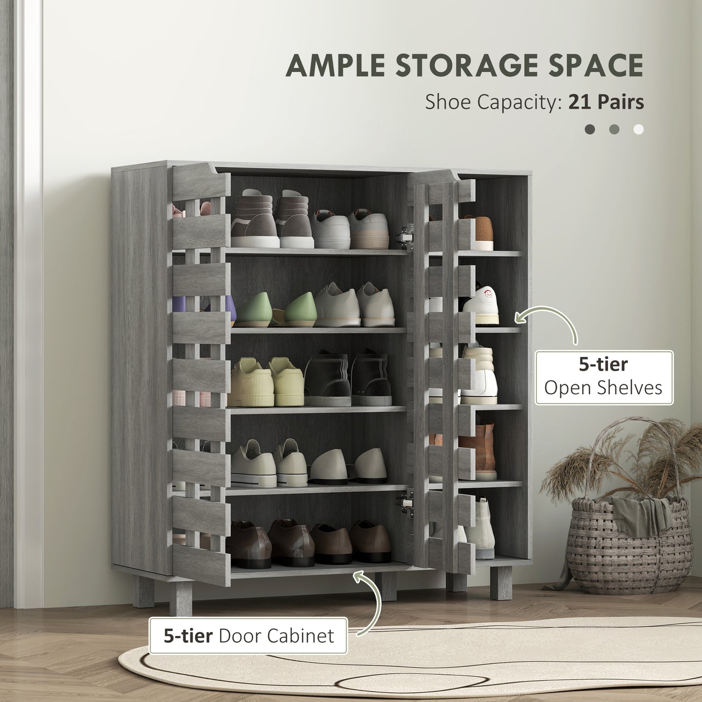 HOMCOM Shoe Cabinet, 21 Pair Shoe Storage Cabinet Organizer with 5-tier Double Door Cabinet and 5-tier Open Shelves, Light Grey