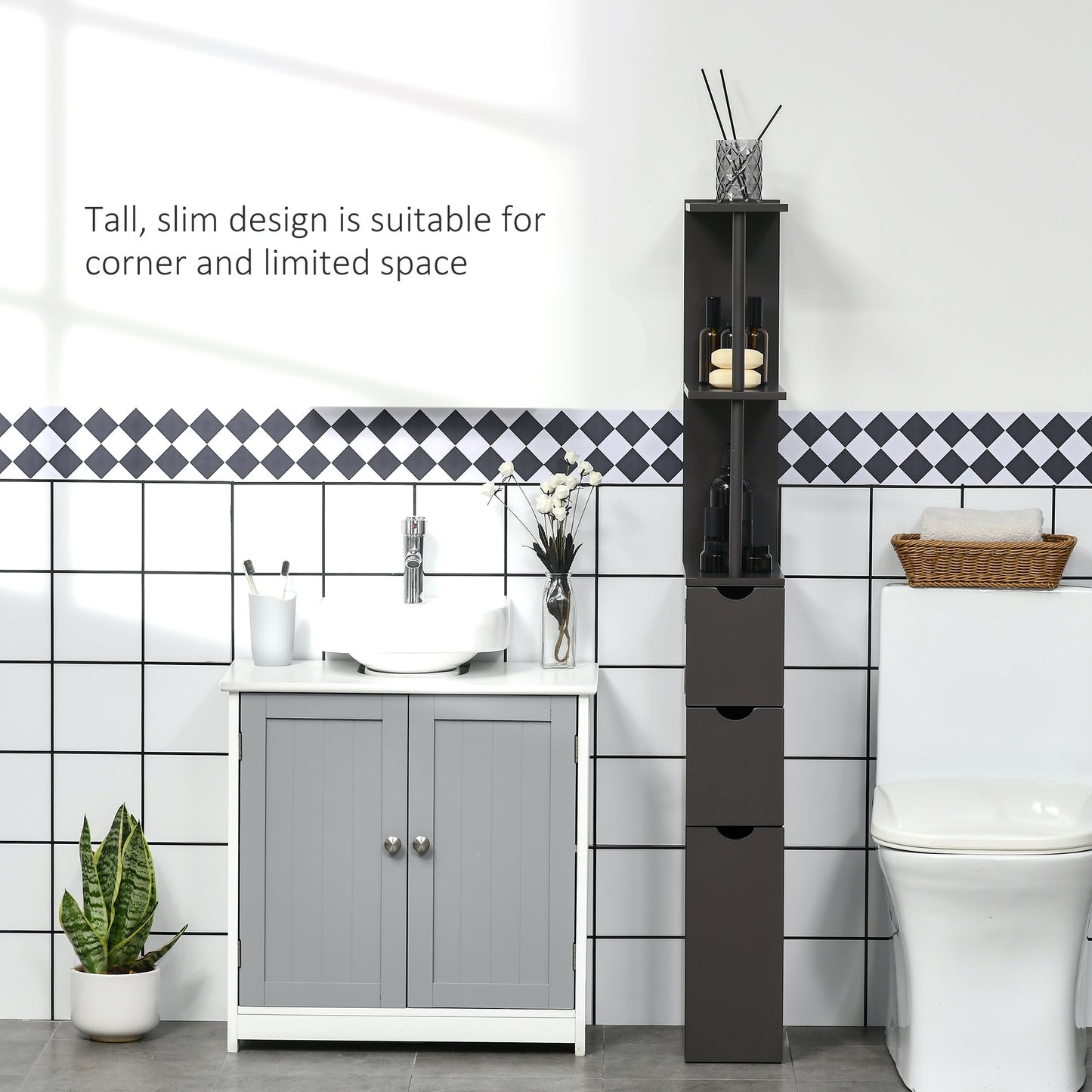 HOMCOM Tall Bathroom Storage Cabinet, Narrow Bathroom Cabinet with Drawers and Open Shelves for Small Spaces, White and Grey