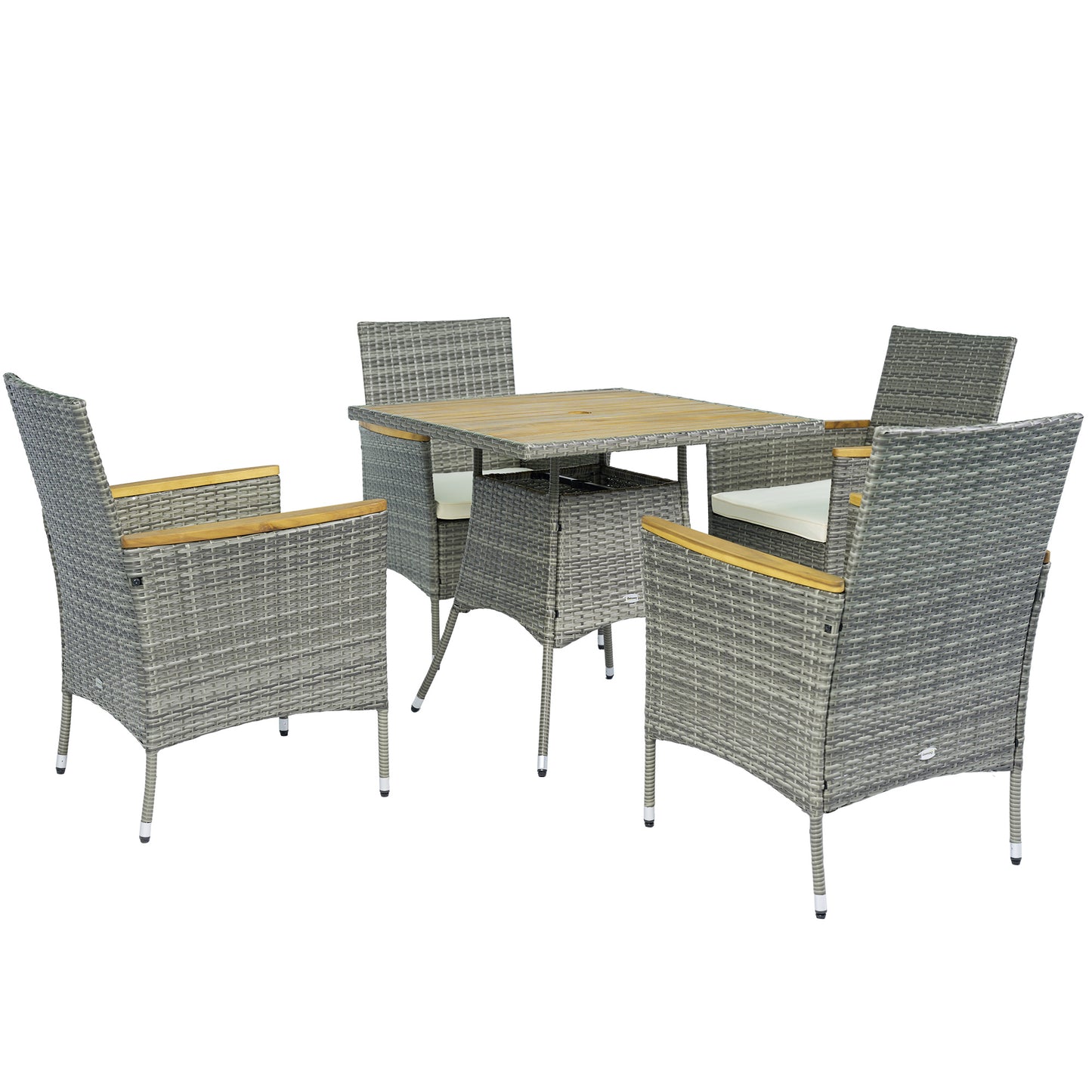 Outsunny 5 Piece Rattan Patio Dining Set with Umbrella Hole, Cushions, Outdoor Patio Table and Chairs for Garden Backyard, Teak
