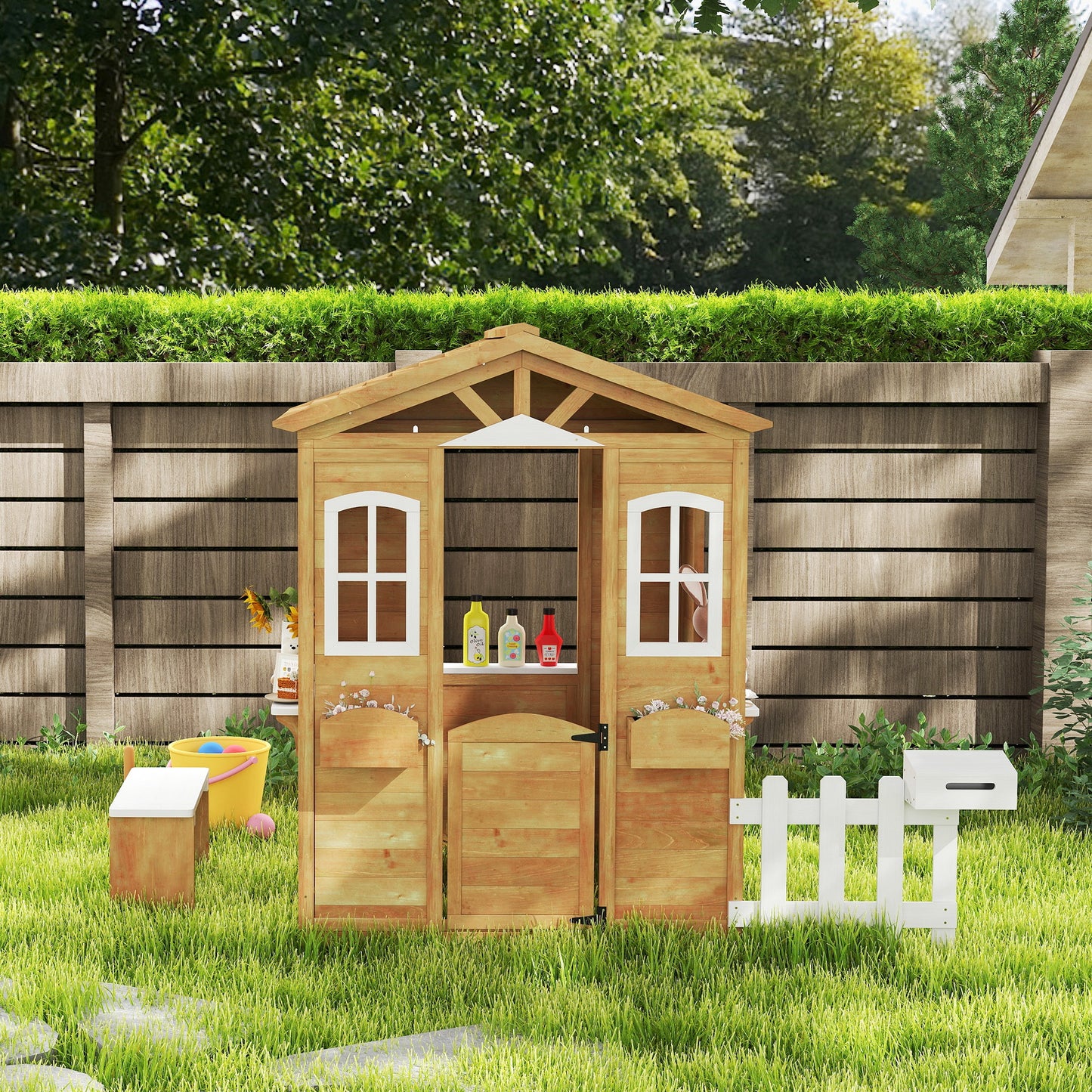 Outsunny Wooden Kids Playhouse with Door Windows Mailbox Flower Pot Holder Serving Station Bench Yellow