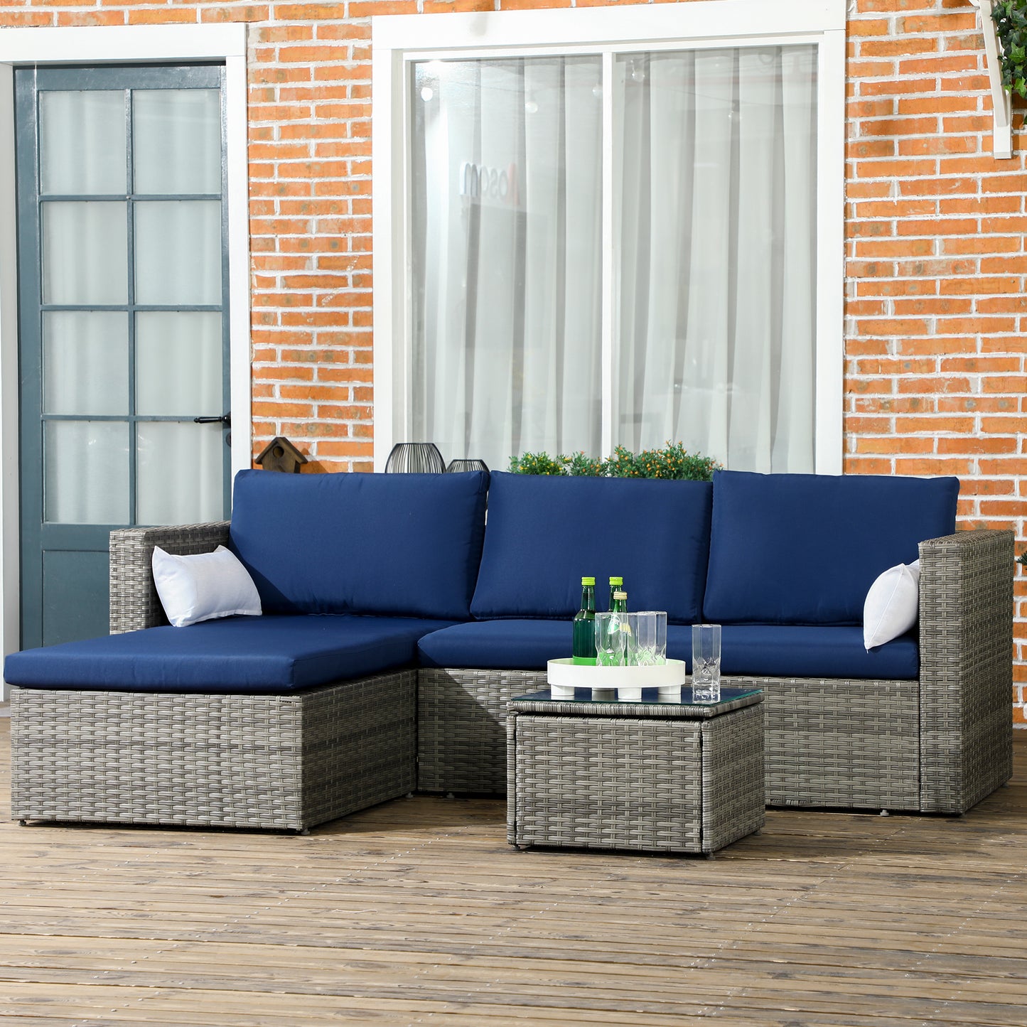 Outsunny 3-Piece Patio Furniture Set Modern Sectional Sofa Rattan Chair Wicker Conversation Set Outdoor Hand Woven Rattan Wicker Furniture Patio Coffee Table Sofa Set, Blue