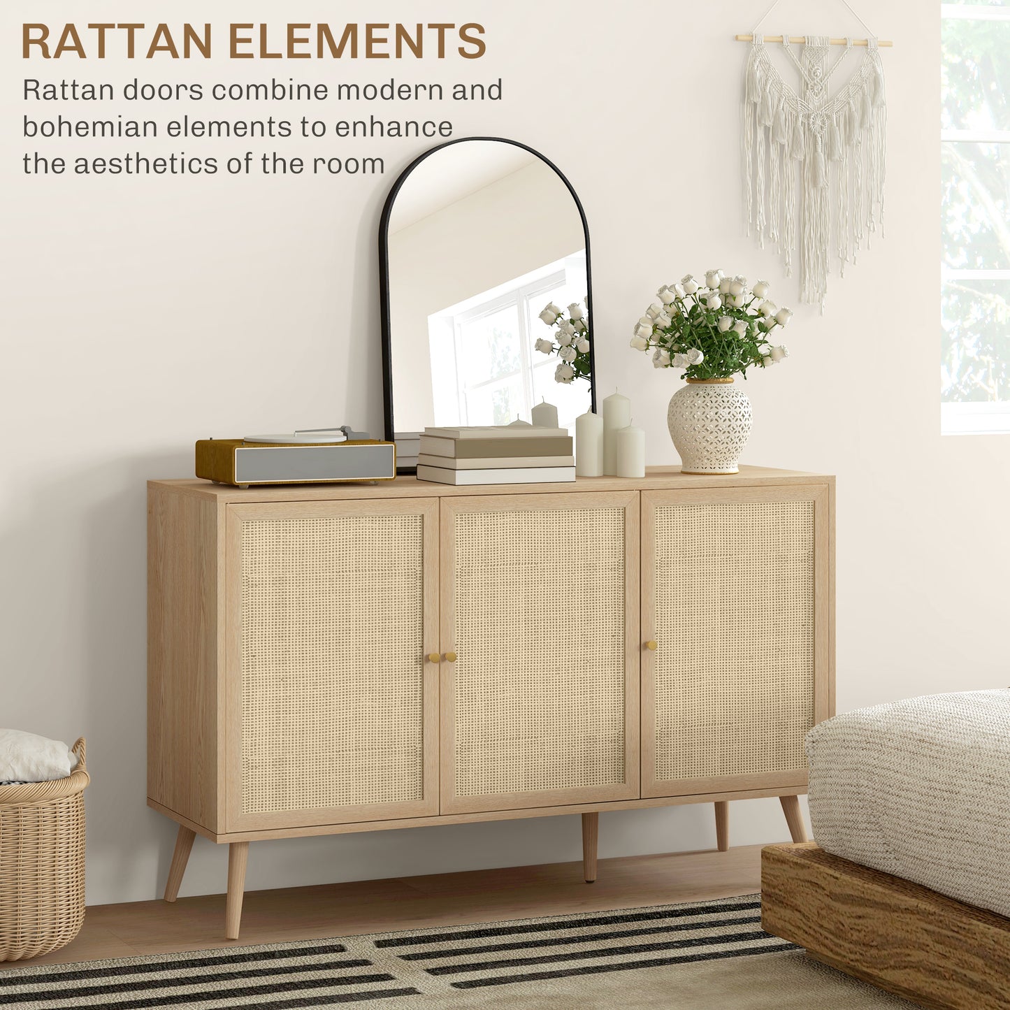 HOMCOM Kitchen Sideboard Cabinet, Boho Storage Cabinet with Shelves, Wood Legs, Decorative Rattan Doors, Natural