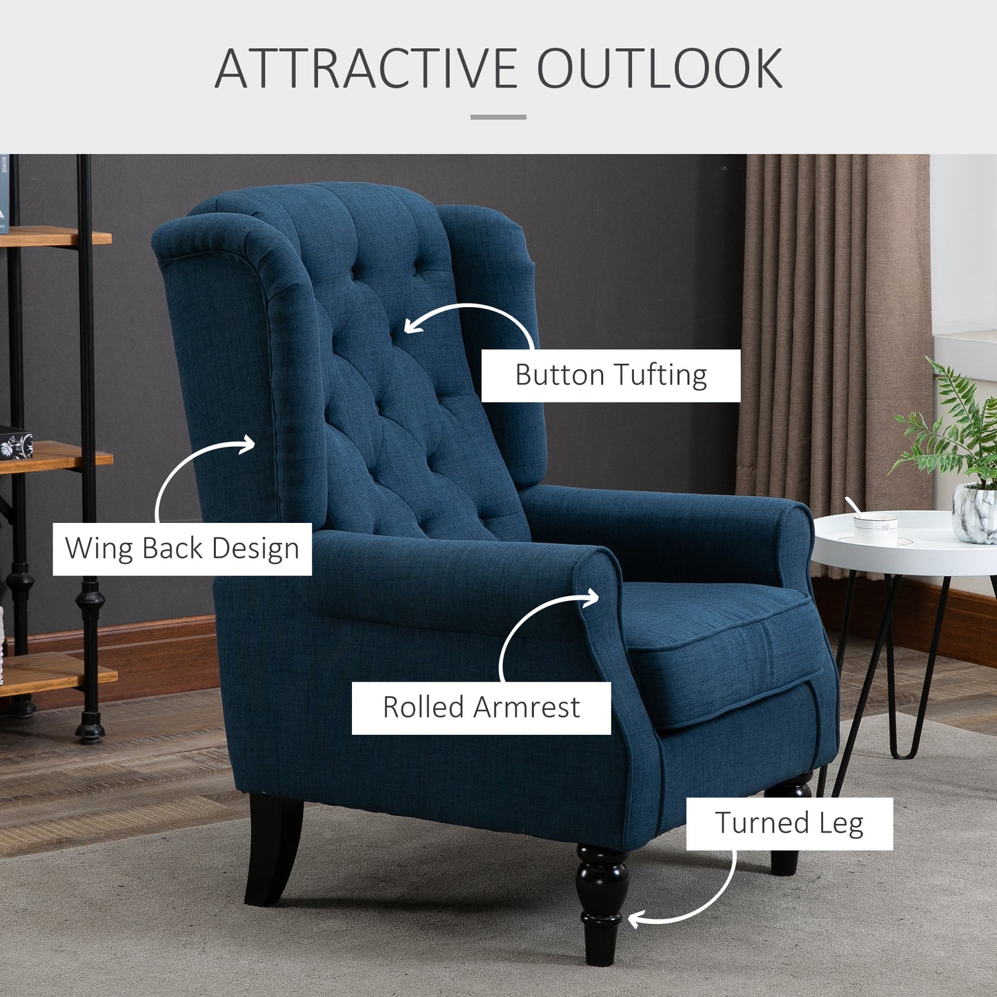 HOMCOM Fabric Accent Chair, Button Tufted Armchair, Upholstered Modern Living Room Chair, Wingback Chair with Wood Legs, Rolled Arms, Thick Padding for Bedroom, White