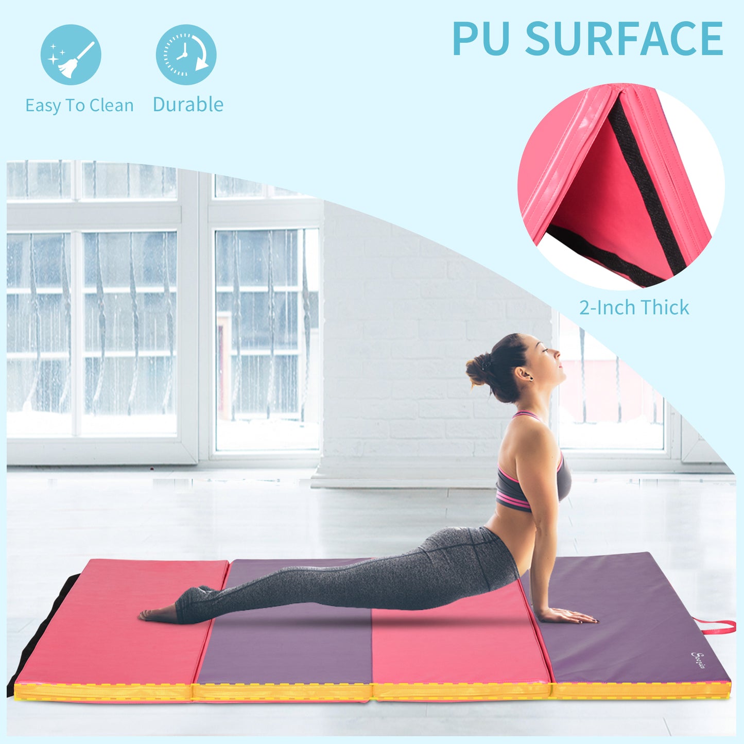 Soozier 4'x6'x2'' Folding Gymnastics Tumbling Mat, Exercise Mat with Carrying Handles for Yoga, MMA, Martial Arts, Stretching, Core Workouts, Pink and Purple