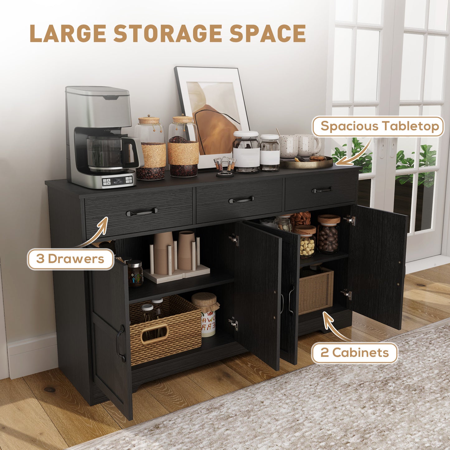 HOMCOM Sideboard Buffet Cabinet with Storage, Modern Coffee Bar Cabinet with 3 Drawers and Adjustable Shelves, Distressed White