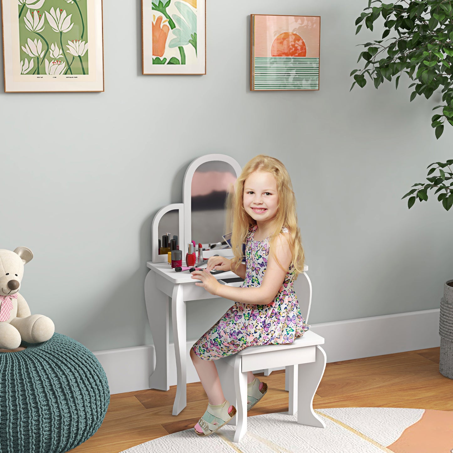 Qaba Kids Dressing Table and Chair Set, Girls Dressing Set, Makeup Desk with Drawer for 3-6 Years Old Kids, Pink