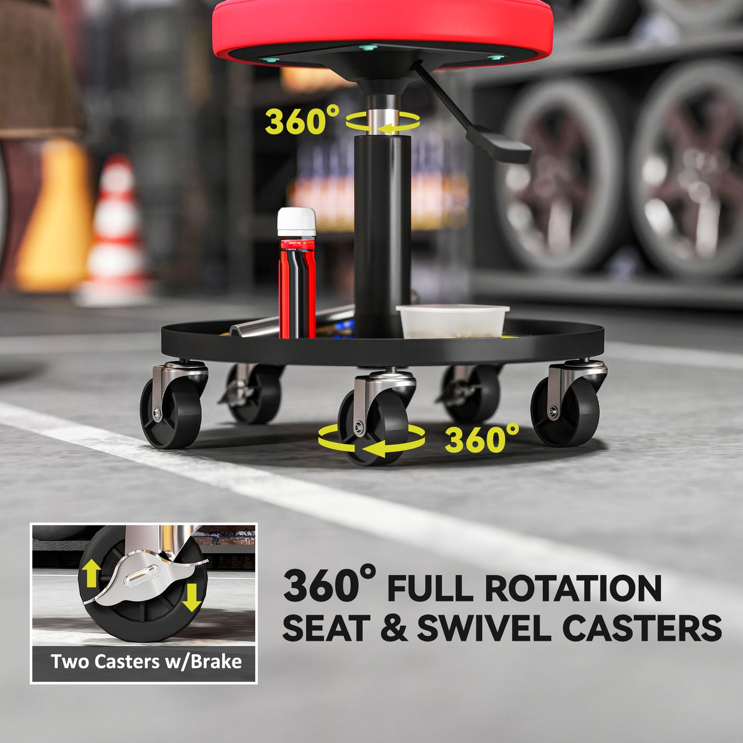 HOMCOM Rolling Garage Stool, 300 LBS Capacity Padded Mechanic Stool with 2.5" Wheels, Adjustable Height 15" -19.7", Red