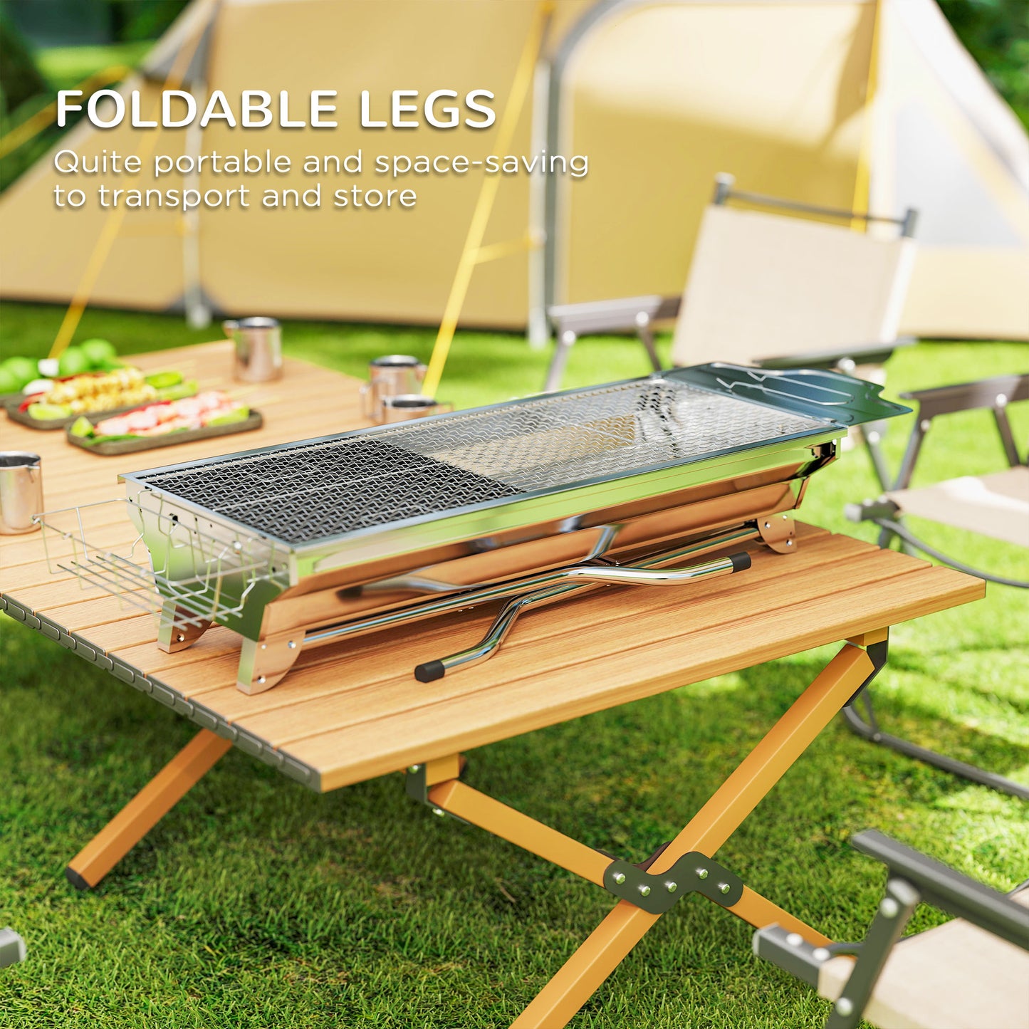 Outsunny Stainless Steel Portable Charcoal Grill, Folding BBQ Grill with Shelf, Side Basket and Pan for Cooking, Camping, Travel