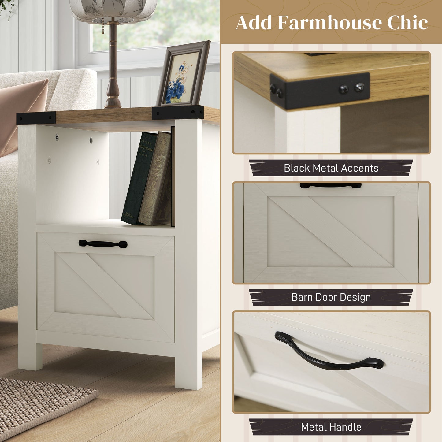 HOMCOM Side Table with Storage, Farmhouse End Table with Drawer, Open Shelf and Barn-style Panel, Nightstand for Living Room, Bedroom, Oak