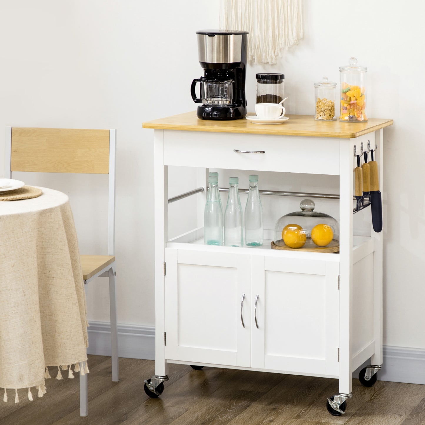 HOMCOM Kitchen Cart, Utility Trolley, Small Kitchen Island with Storage Drawer & Side Hooks for Dining Room, White