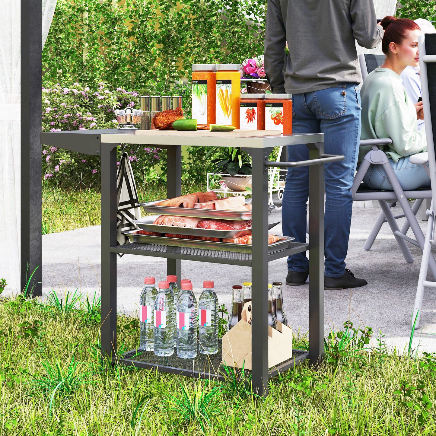 Outsunny 3-Shelf Outdoor Grill Cart Table with Foldable Side Table and Stainless Steel Table Top, Pizza Oven Stand on Wheels